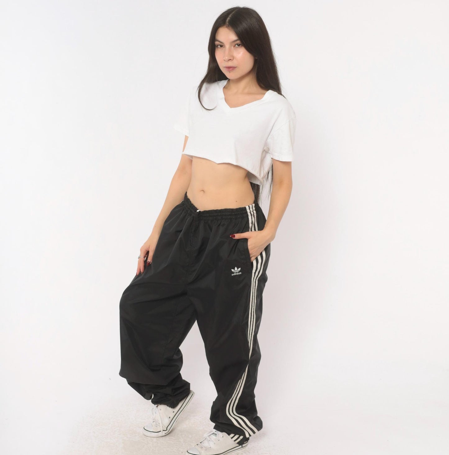 90s Adidas Track Pants Black White Three Stripe Nylon Trefoil Extra Large XL