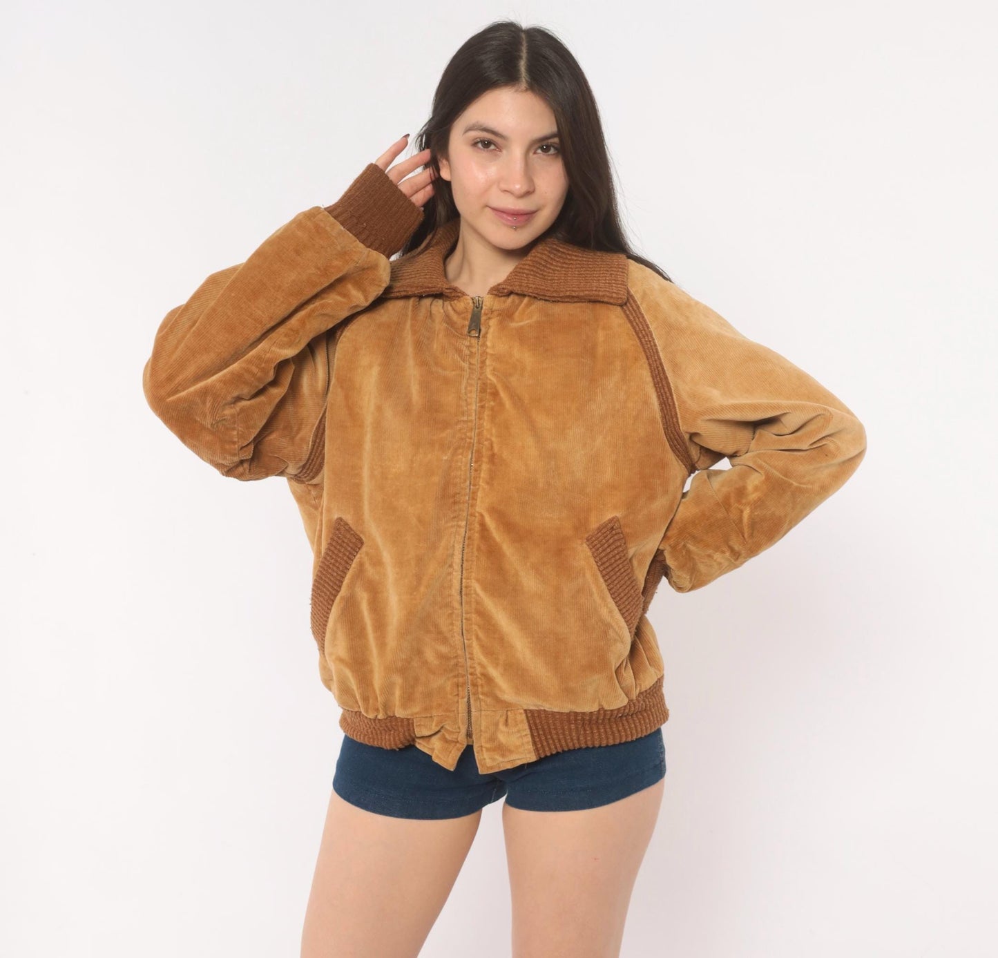 70s Corduroy Bomber Jacket Tan Raglan Knit Collar Zip Front Medium