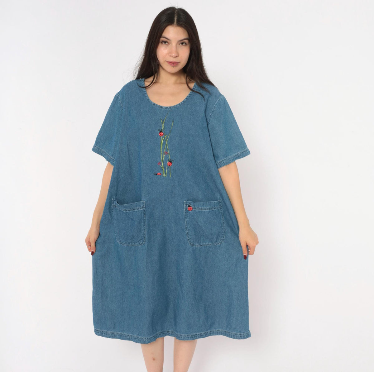 90s Blair Ladybug Embroidered Denim Shift Dress Blue Knee-Length Extra Large