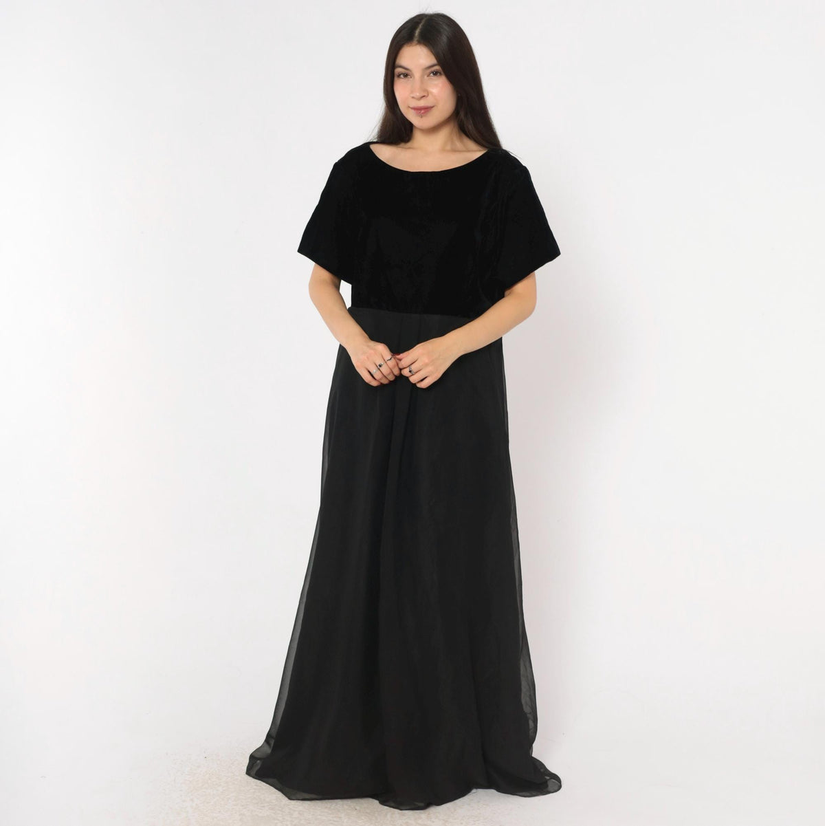 90s Stage Black Velvet Bodice Maxi Gown Chiffon Empire Waist Plus Size XXL
