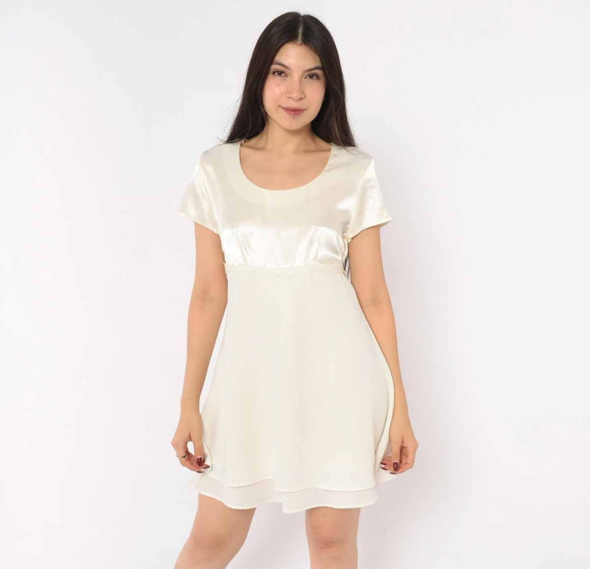 90s Byer Too! Babydoll Dress Cream Satin Empire Waist Chiffon Mini Small S