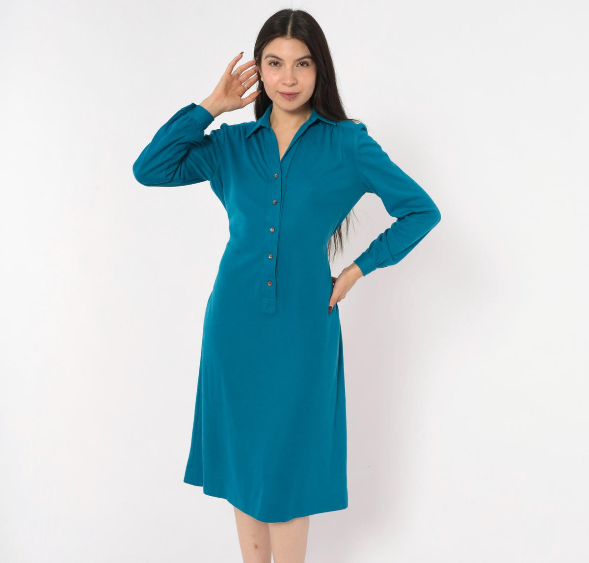 70s Schrader Sport Petites Teal Wool Shirt Dress Tie Waist A-Line Medium M