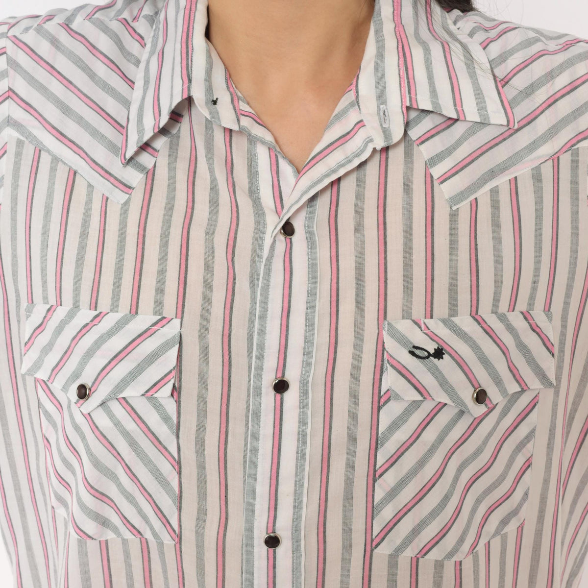 90s Silver Spur Western Snap Shirt Striped Pink Grey White Cotton Medium
