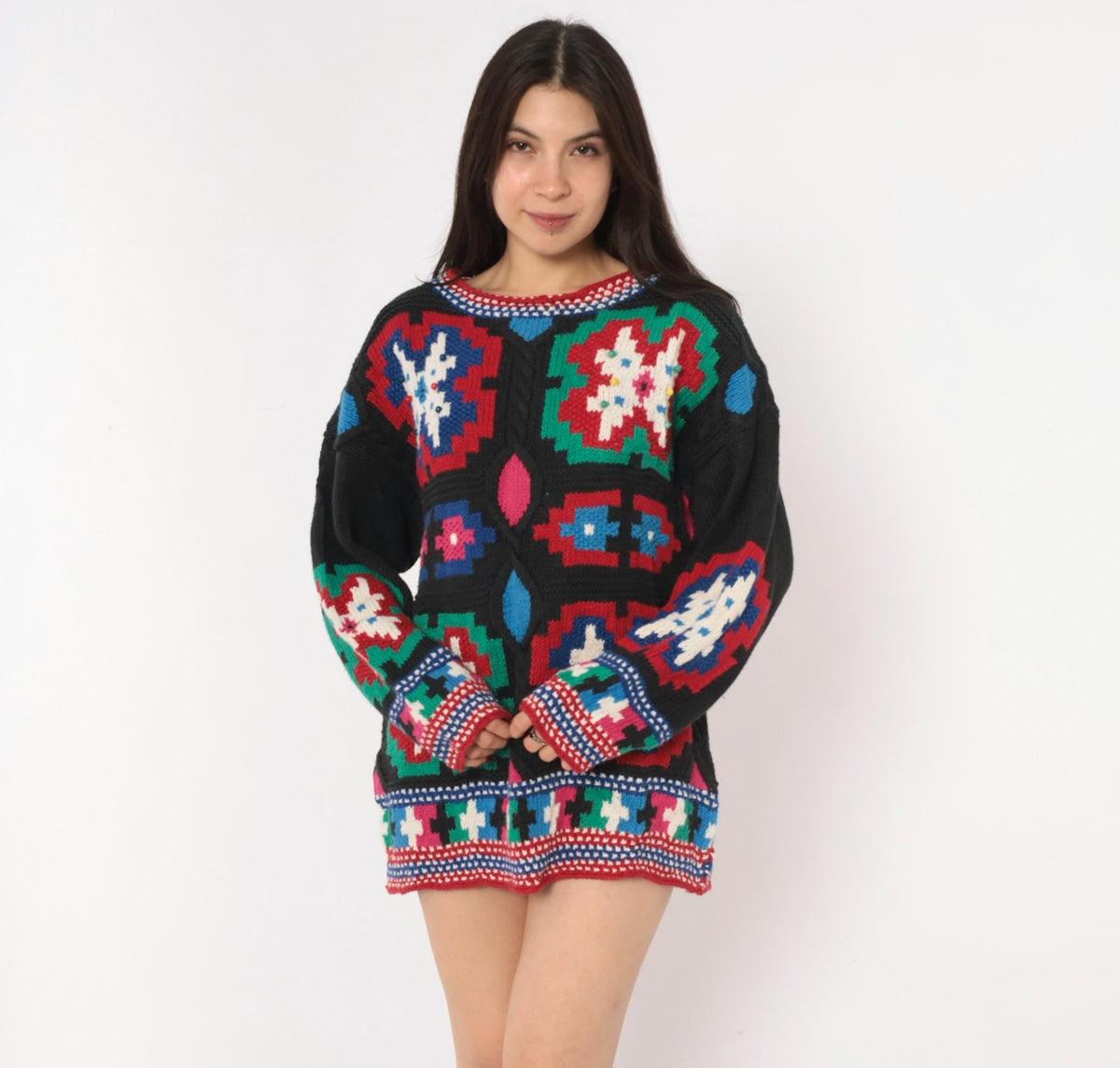 90s Hunter's Run Southwestern Patchwork Beaded Knit Pullover Black Small