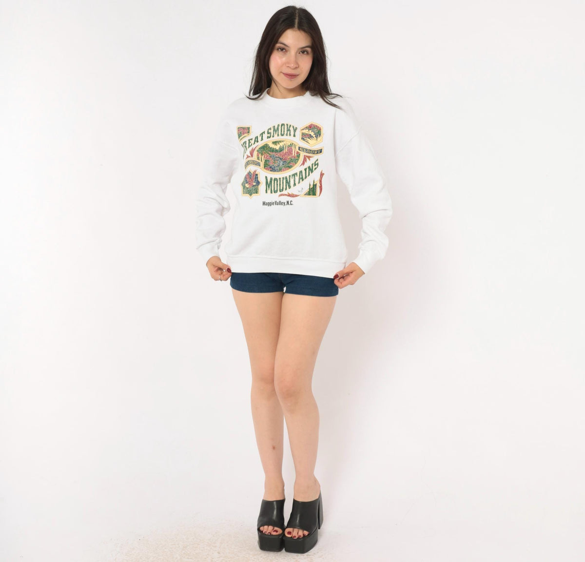 90s Great Smoky Mountains Fruit Of The Loom Crewneck Sweatshirt White Medium M