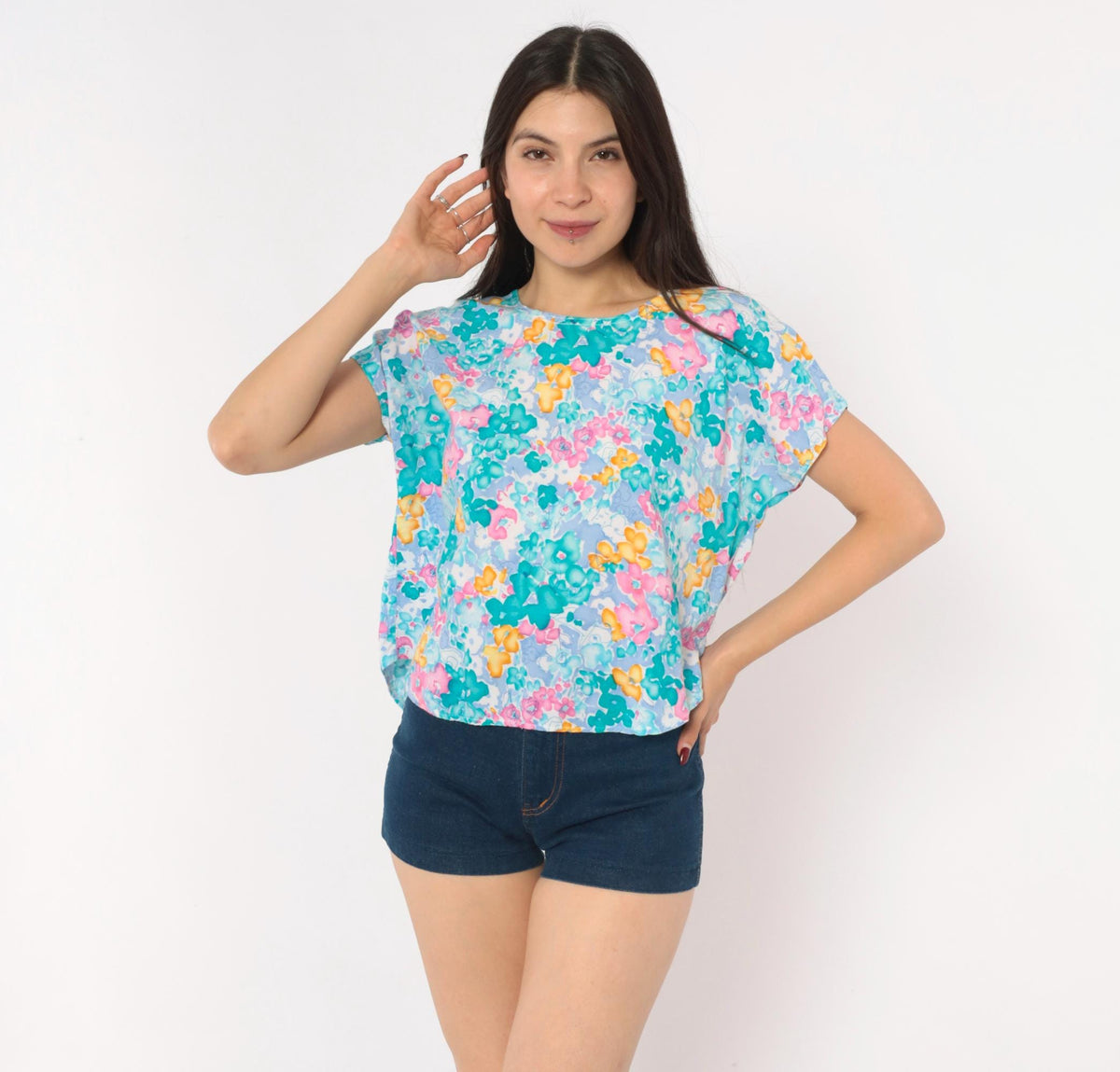 80s Watercolor Floral Crop Top Teal Pink Periwinkle Cap Sleeve Medium