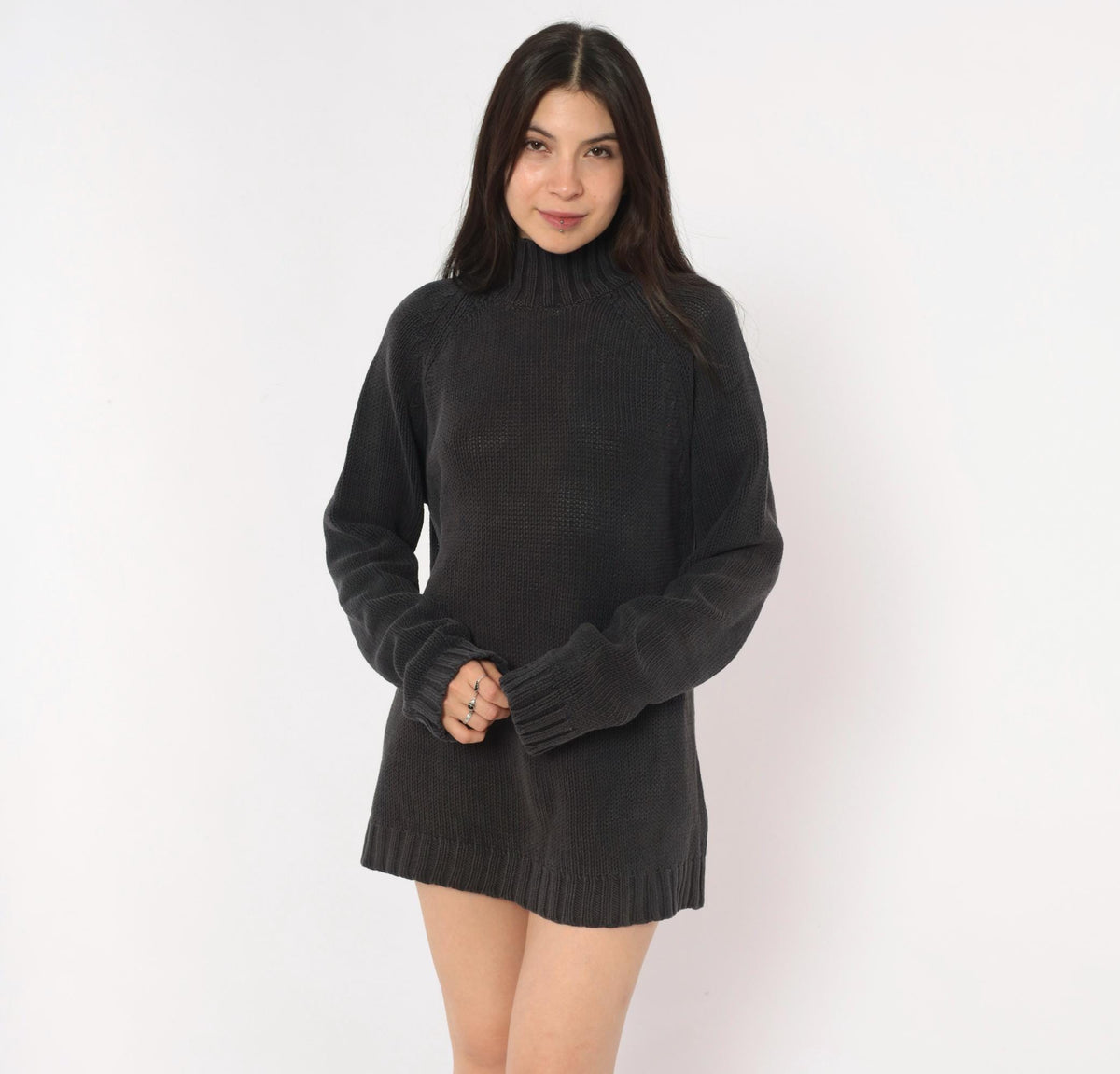 90s Chadwick's Black Mock Neck Sweater Cotton Knit Raglan Pullover Large L