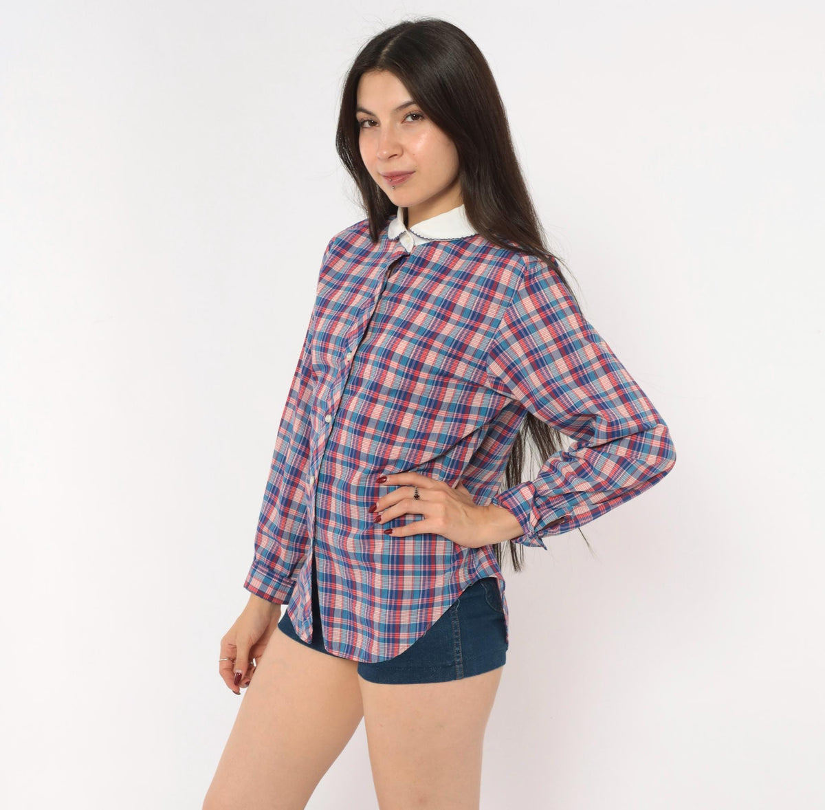 80s Oak Hill Plaid Peter Pan Collar Button Blouse Blue Red White Medium