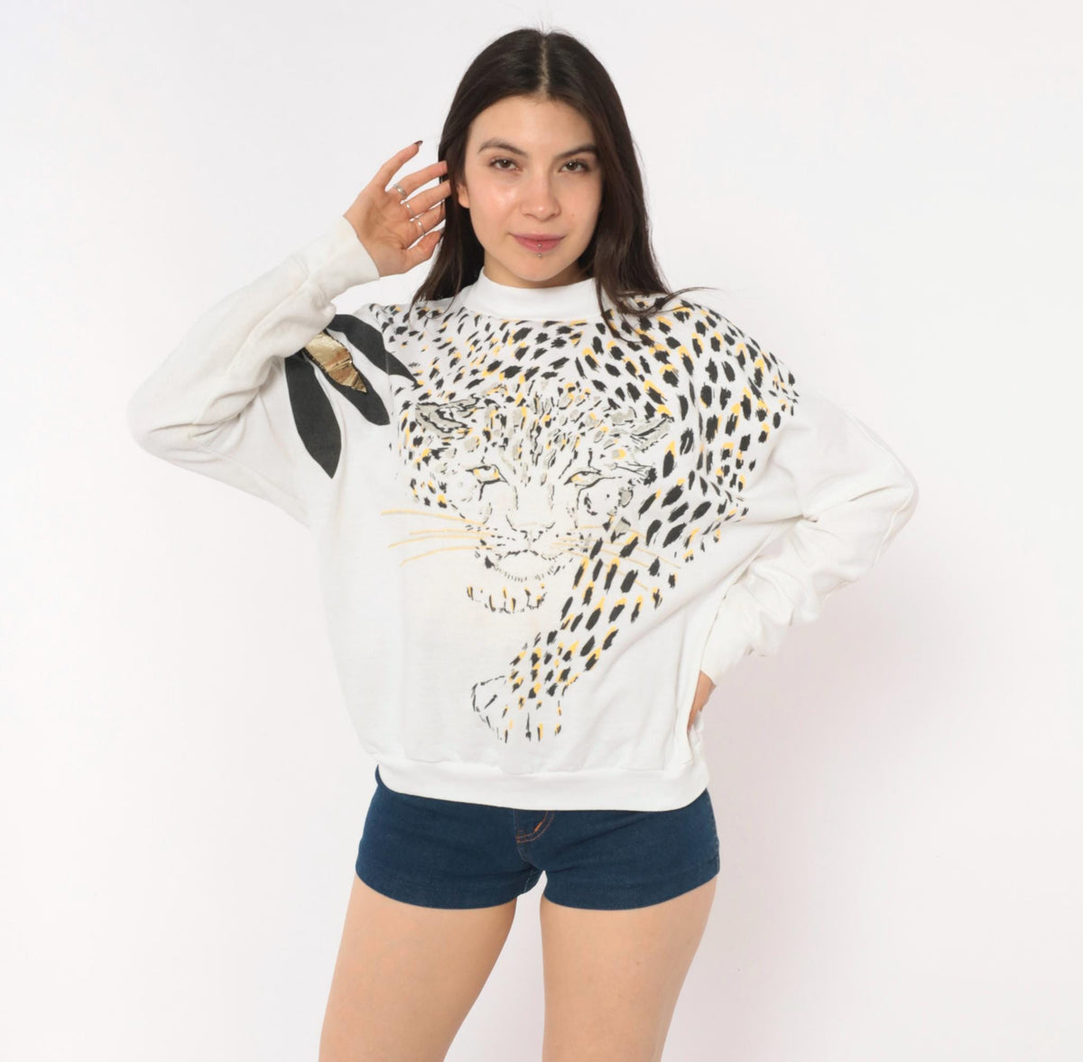 90s Land n Sea Leopard Face Sweatshirt White Gold Metallic Graphic Small