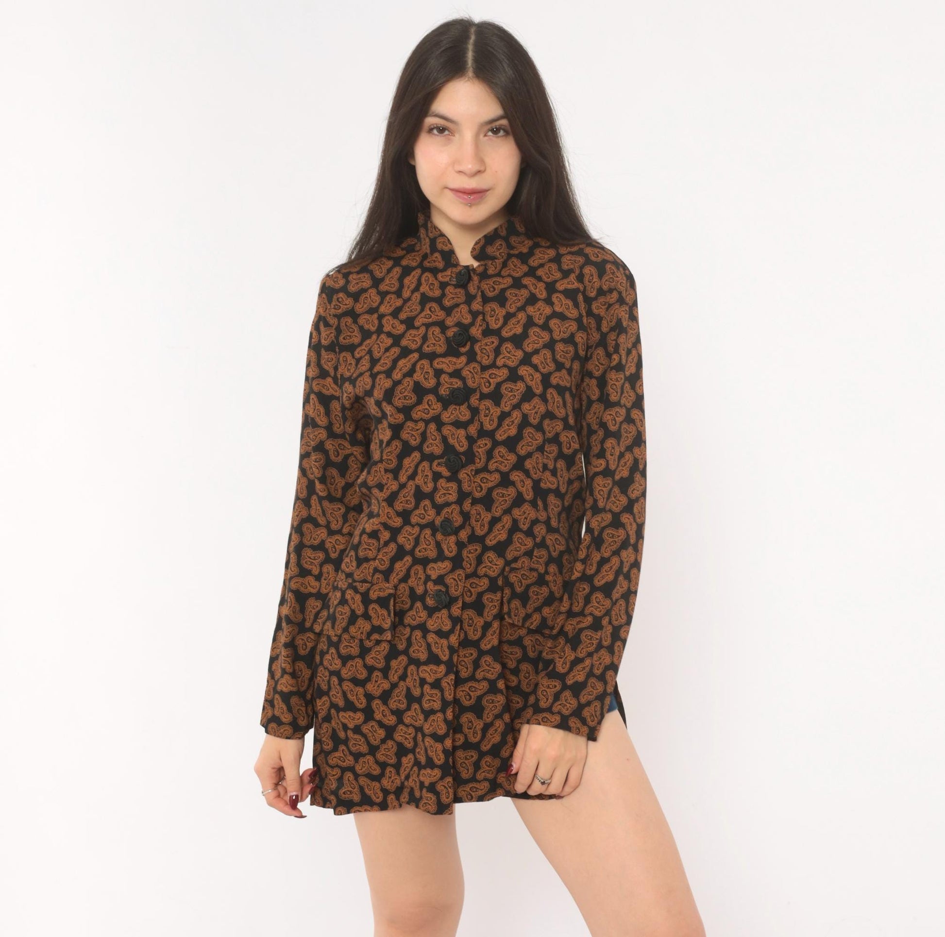 90s Christine David Paisley Mandarin Collar Tunic Black Copper Small S