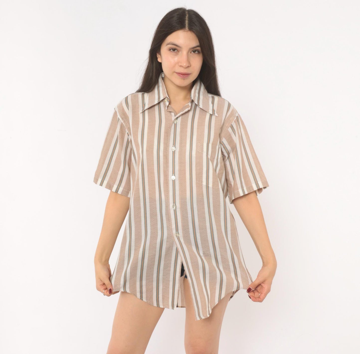 70s Donross Striped Button Up Shirt Cream Tan Teal Orange Camp Collar Medium