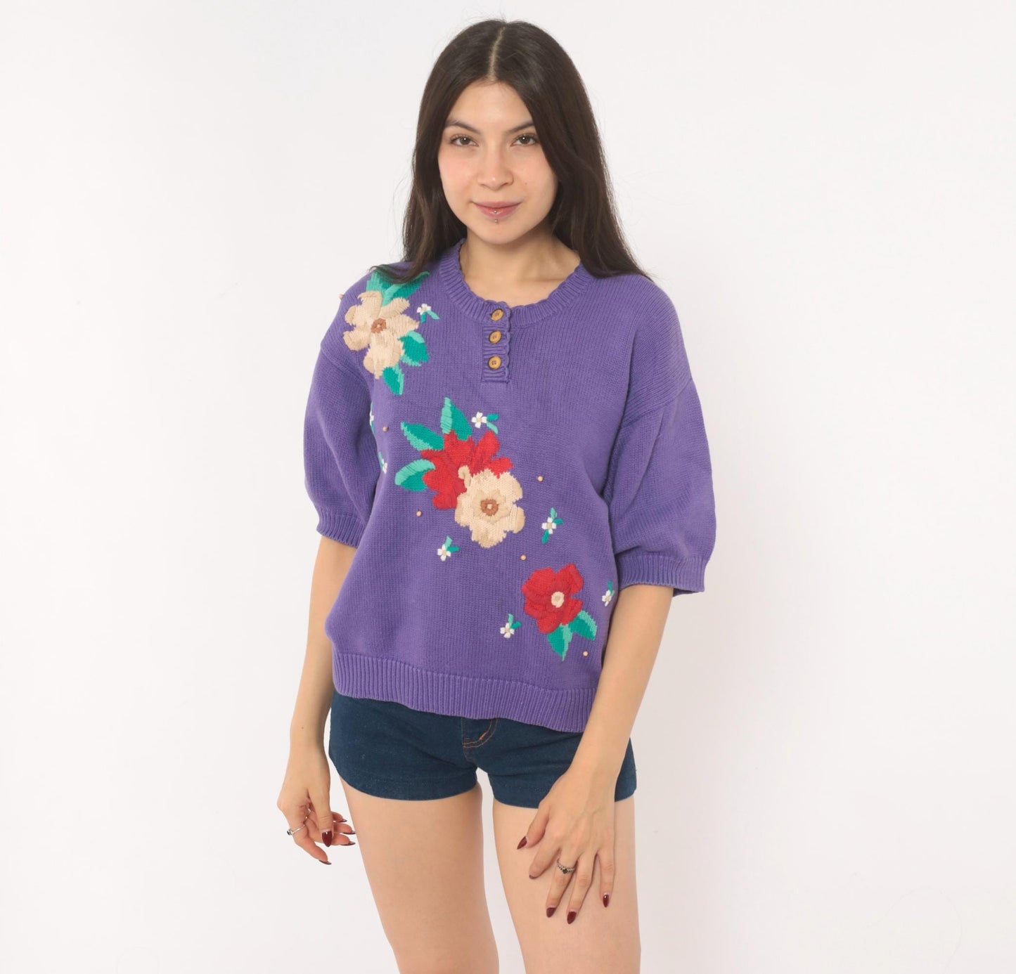 80s Koret Francisca Purple Floral Embroidered Henley Sweater Cotton Medium M