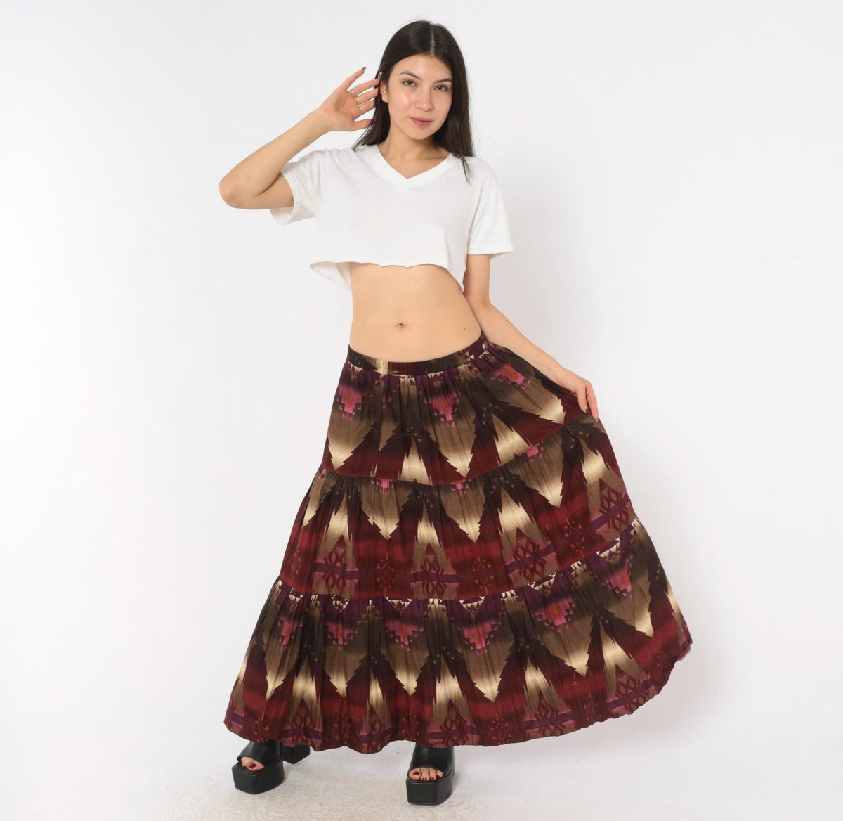 90s Circle T Southwestern Maxi Skirt Geometric Print Burgundy Cotton Medium