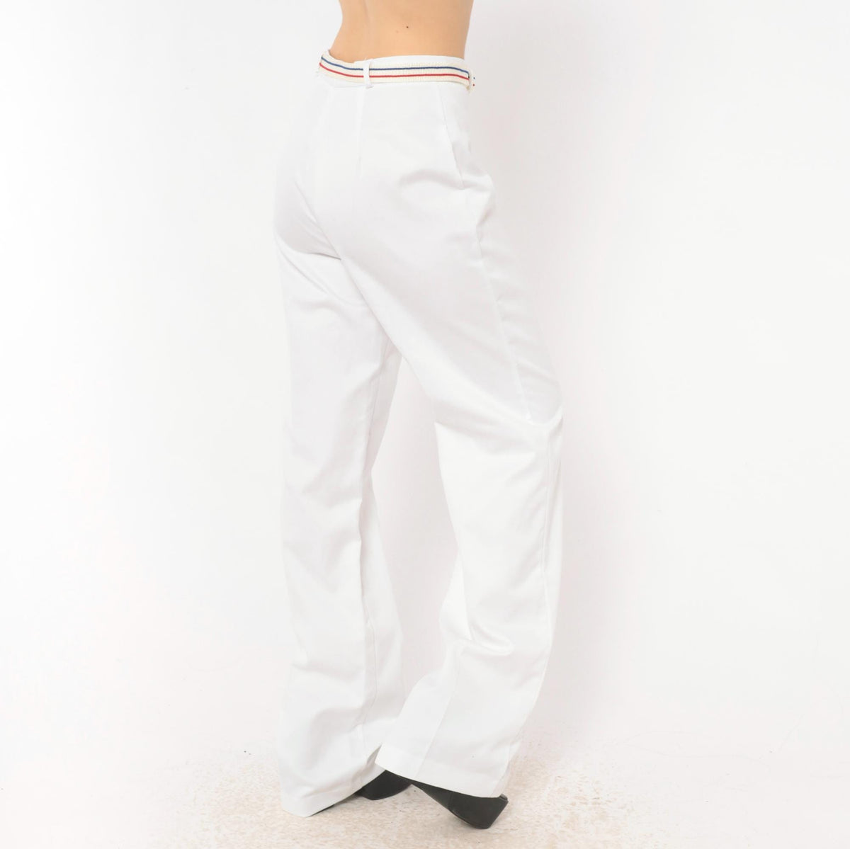70s MMJ White Wide Leg Trousers Striped Belt High Rise Small S