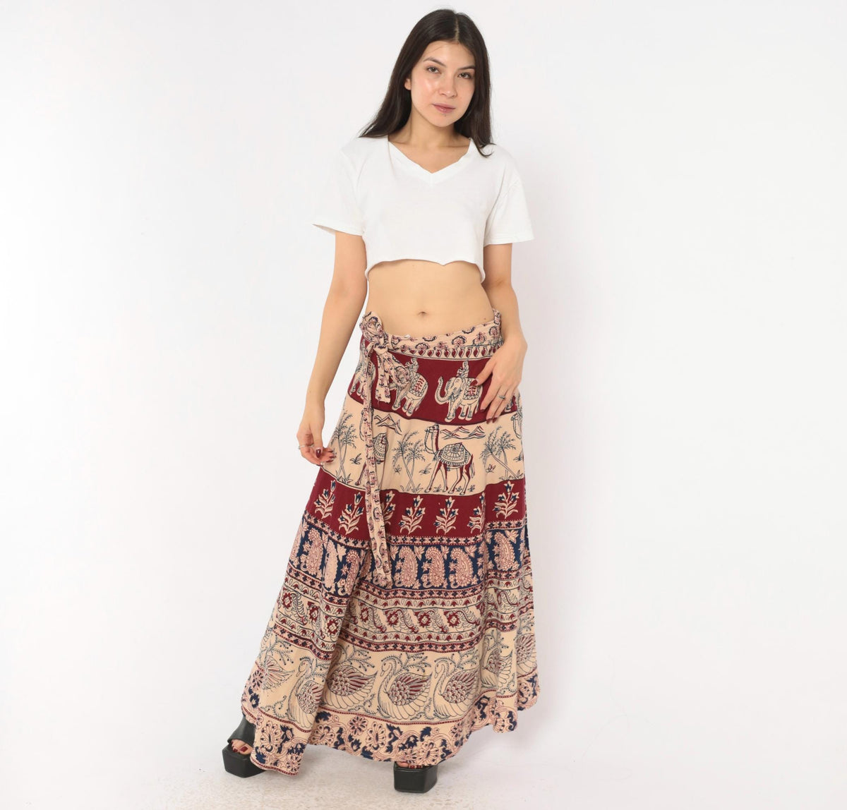 70s Indian Block Print Cotton Wrap Skirt Maxi Burgundy Navy Elephant Peacock Small
