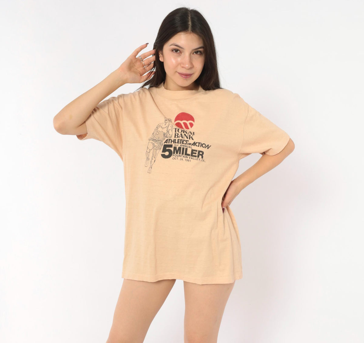 80s Hanes Beefy-T 1981 Fountain Valley 5 Miler Race Tee Peach Graphic Large L