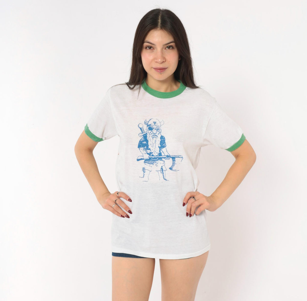 80s Sport-T Viking Ringer Tee White Green Trim Graphic Medium M