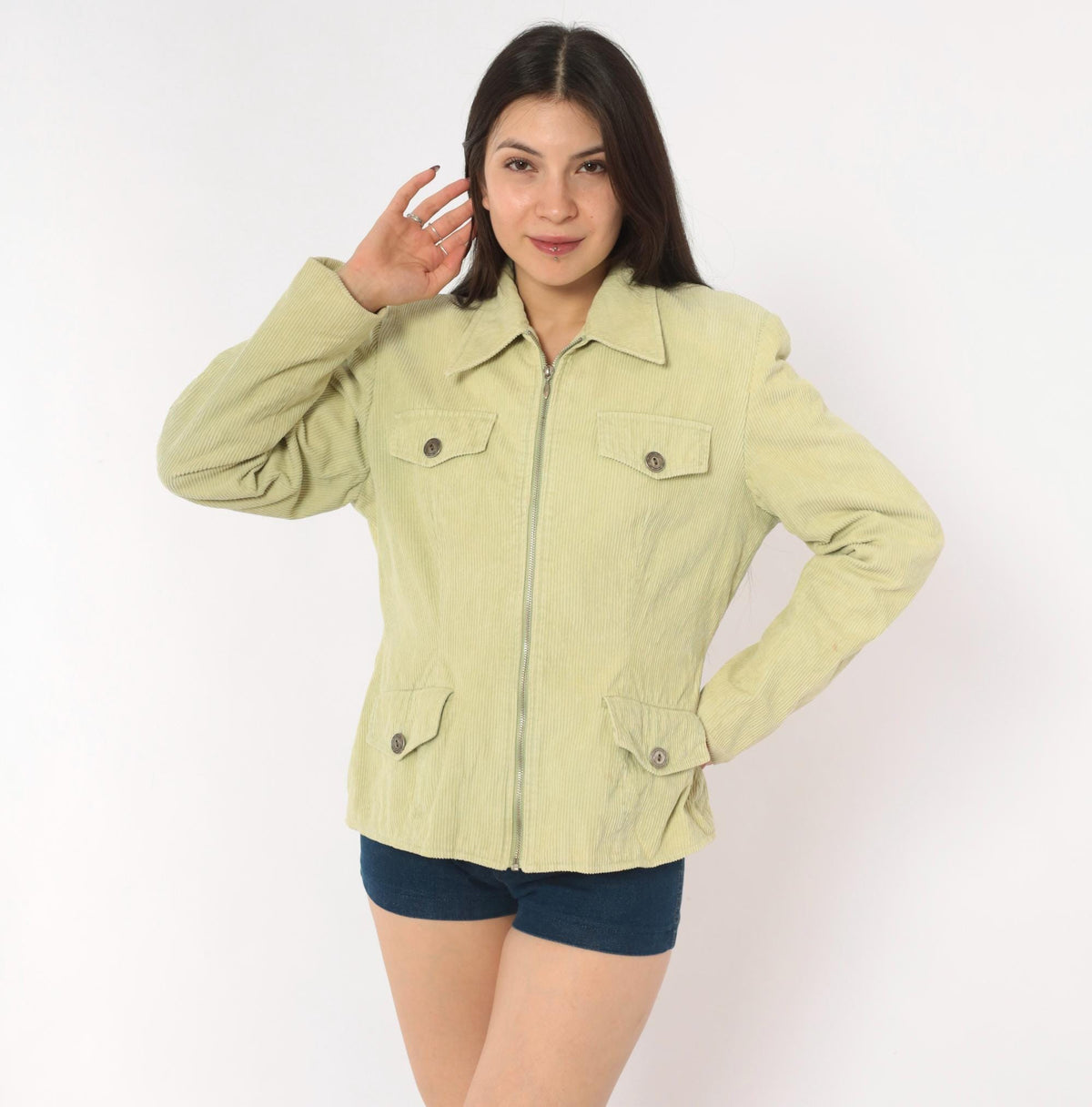 Y2K Rubbish Sage Corduroy Jacket Pointed Collar Four Pocket Mint Green Large L