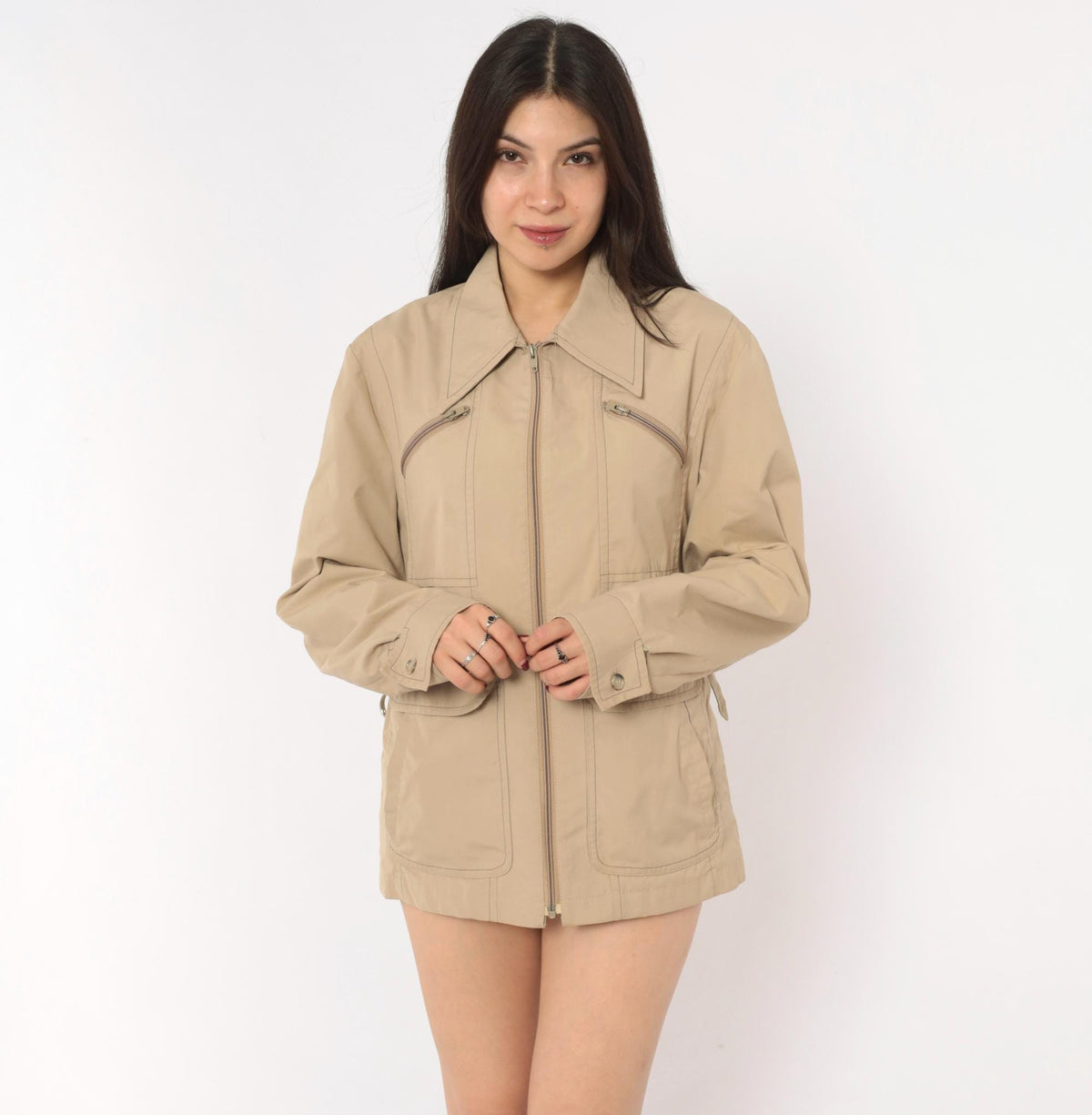 80s London Fog Tan Zip Jacket Utility Coat Multi Pocket Medium