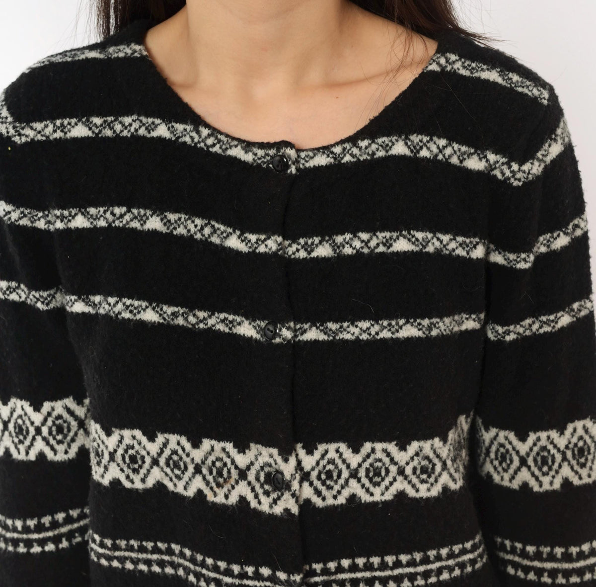90s Moda International Fair Isle Cardigan Black White Wool Knit Medium M