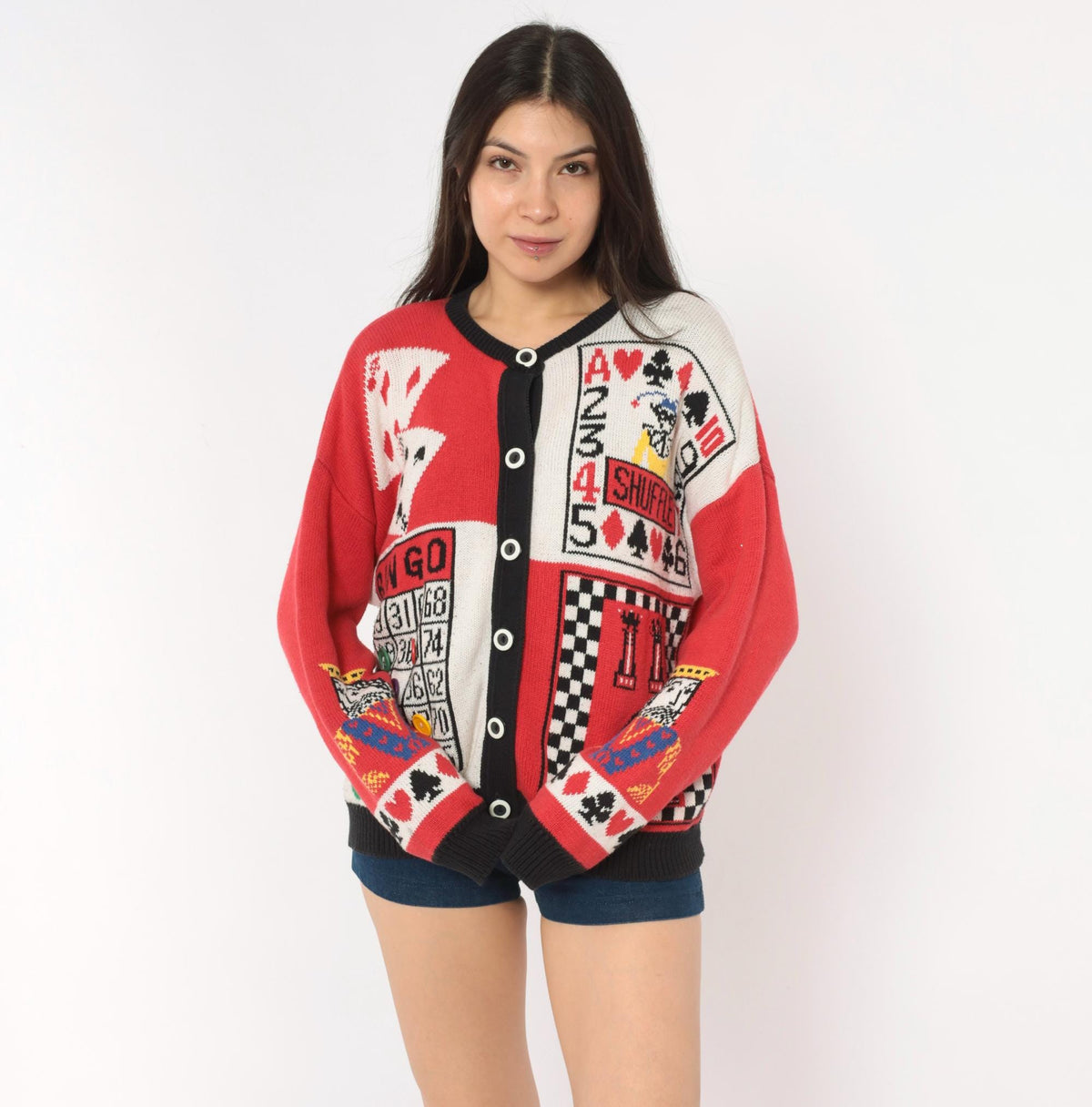 90s Casual Corner Cardigan Red Black Game Night Novelty Knit Large L