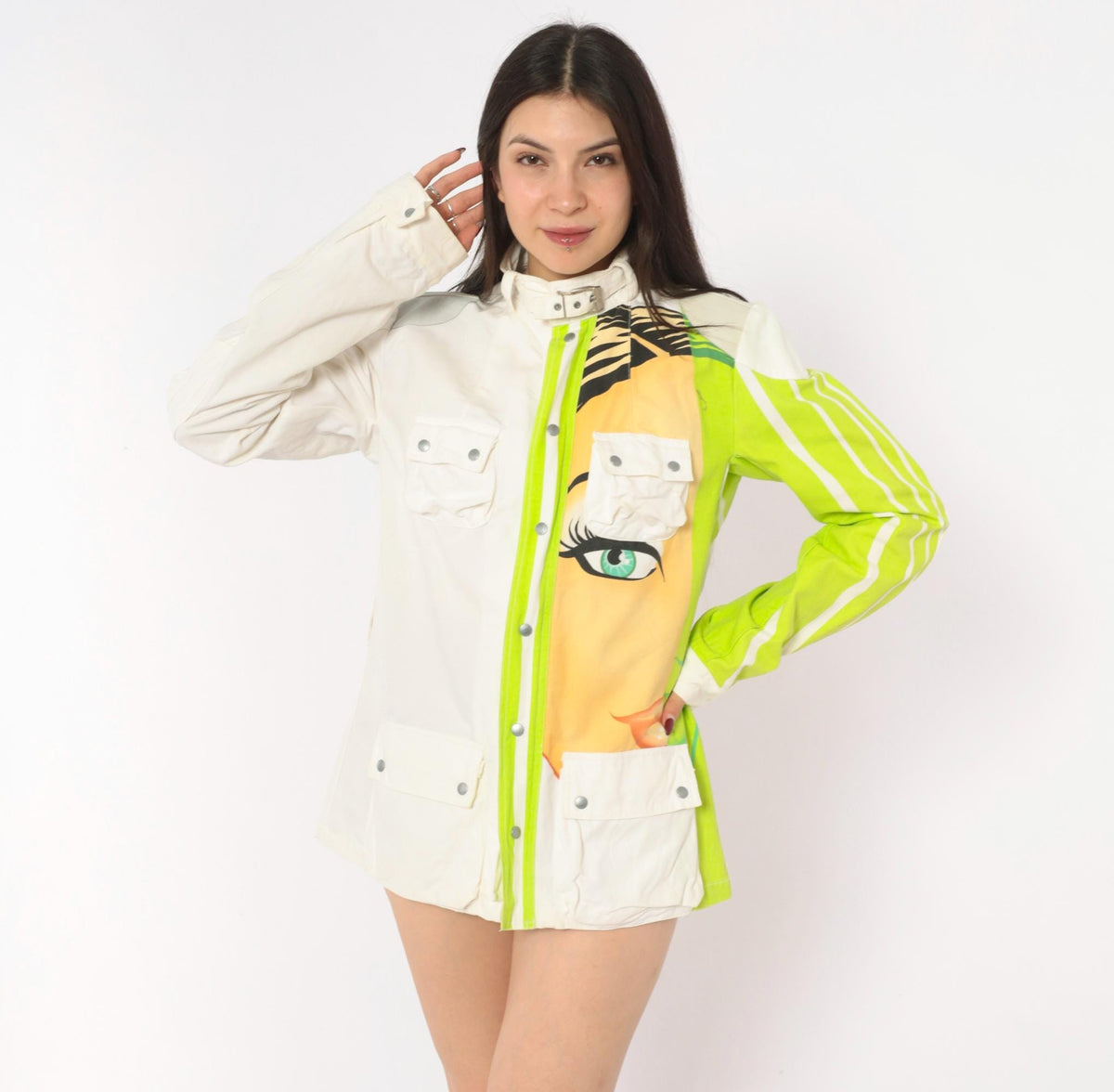 Y2K Custo Barcelona Pop Art Face Jacket White Lime Green Cotton Small S