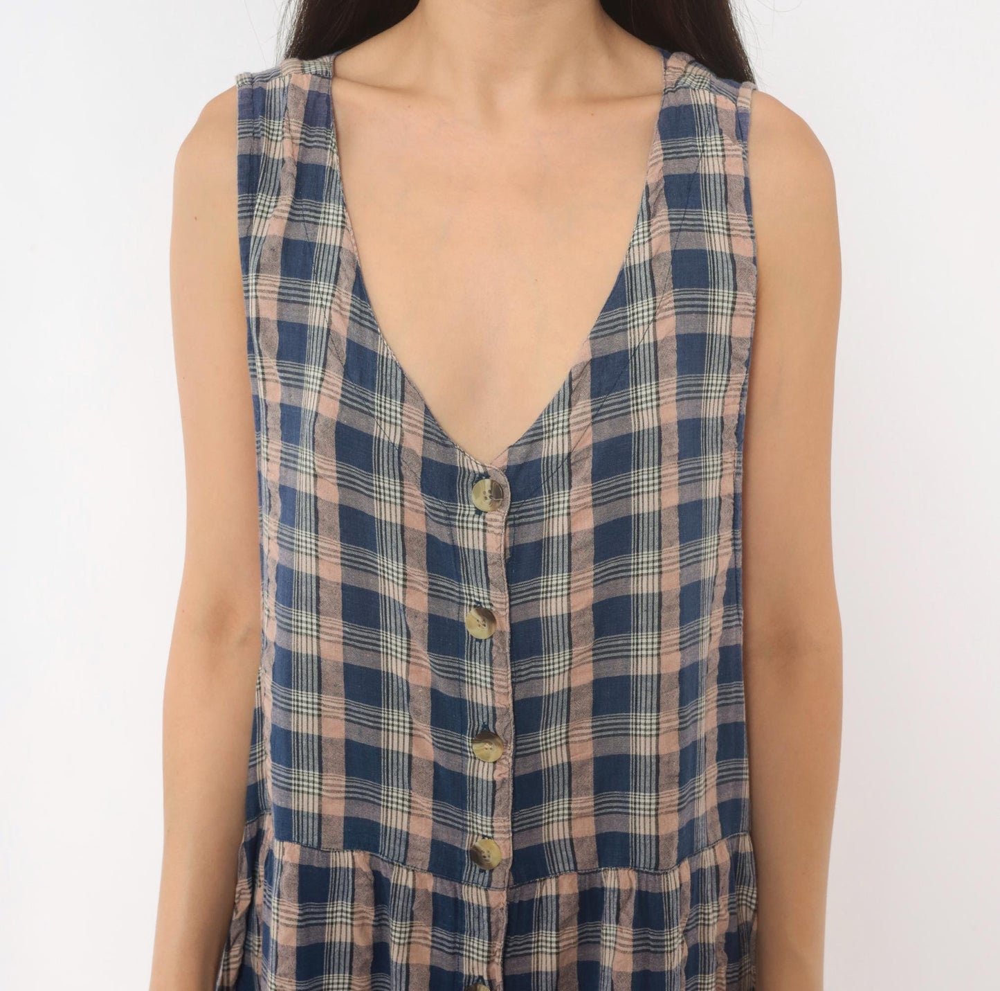 90s Lauren Brooke Plus Plaid Maxi Dress Button Front Cotton Blue Pink 1X