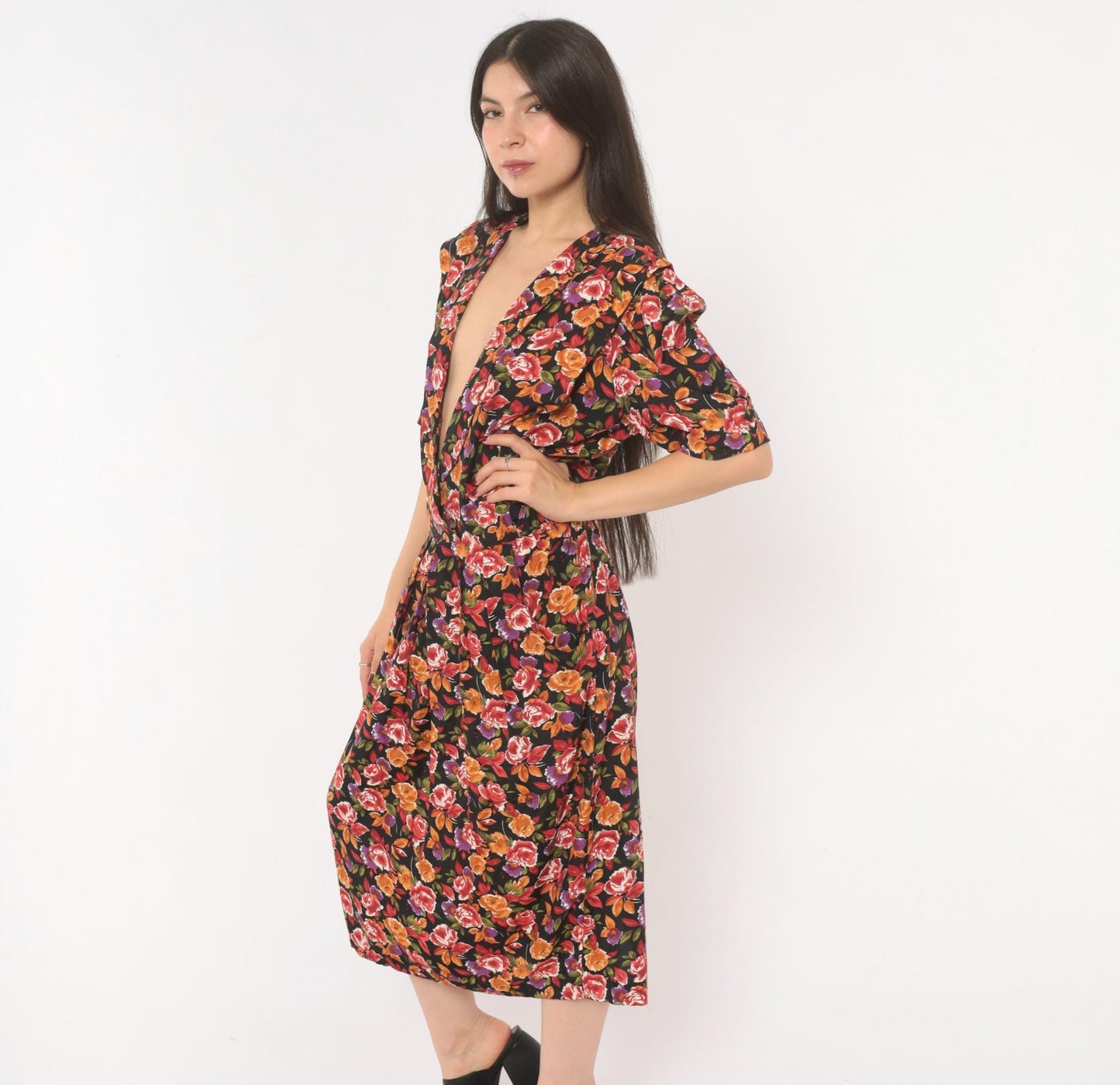 90s R.J. Stevens Floral Wrap Dress Deep V Midi Black Rose Print Large