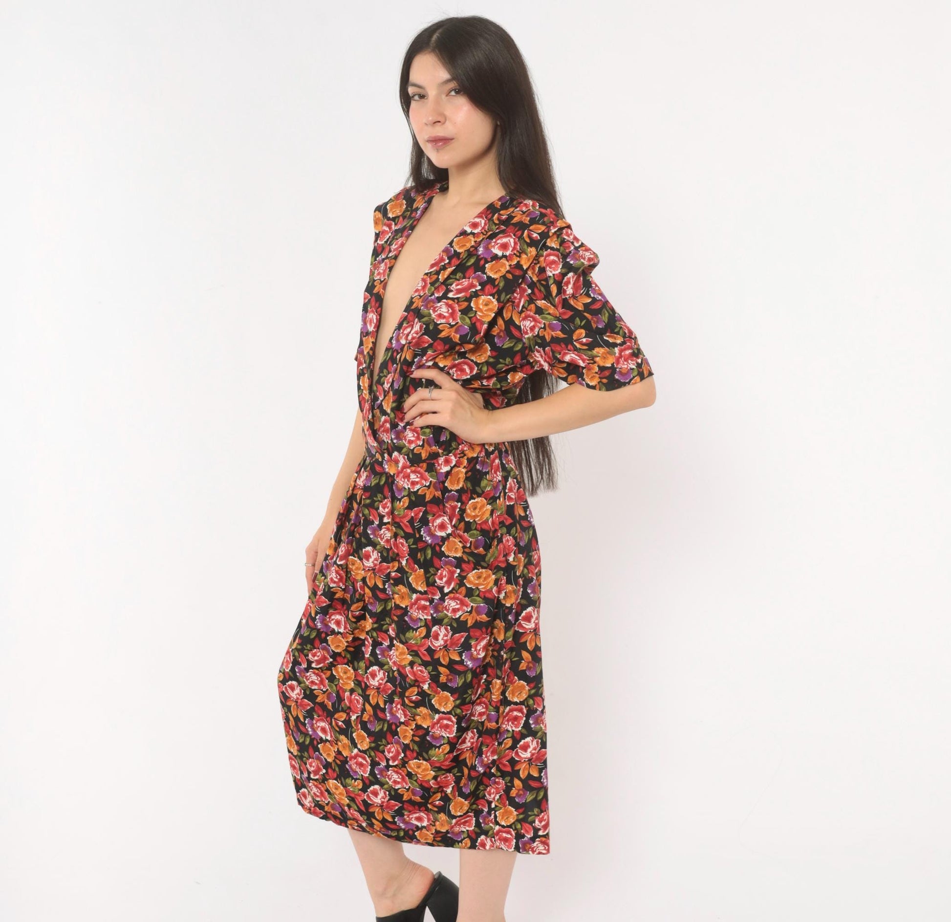 90s R.J. Stevens Floral Wrap Dress Deep V Midi Black Rose Print Large