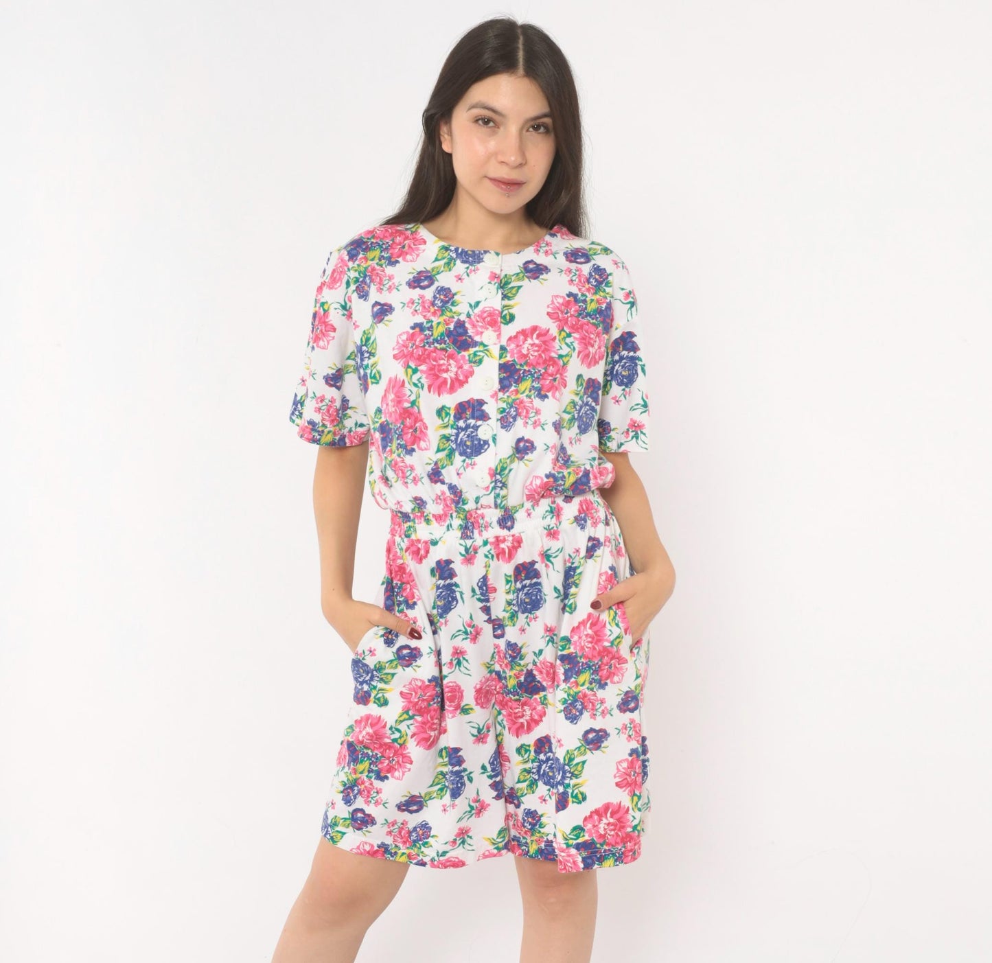 90s Jason Maxwell Floral Romper White Pink Rose Print Cotton Playsuit Medium