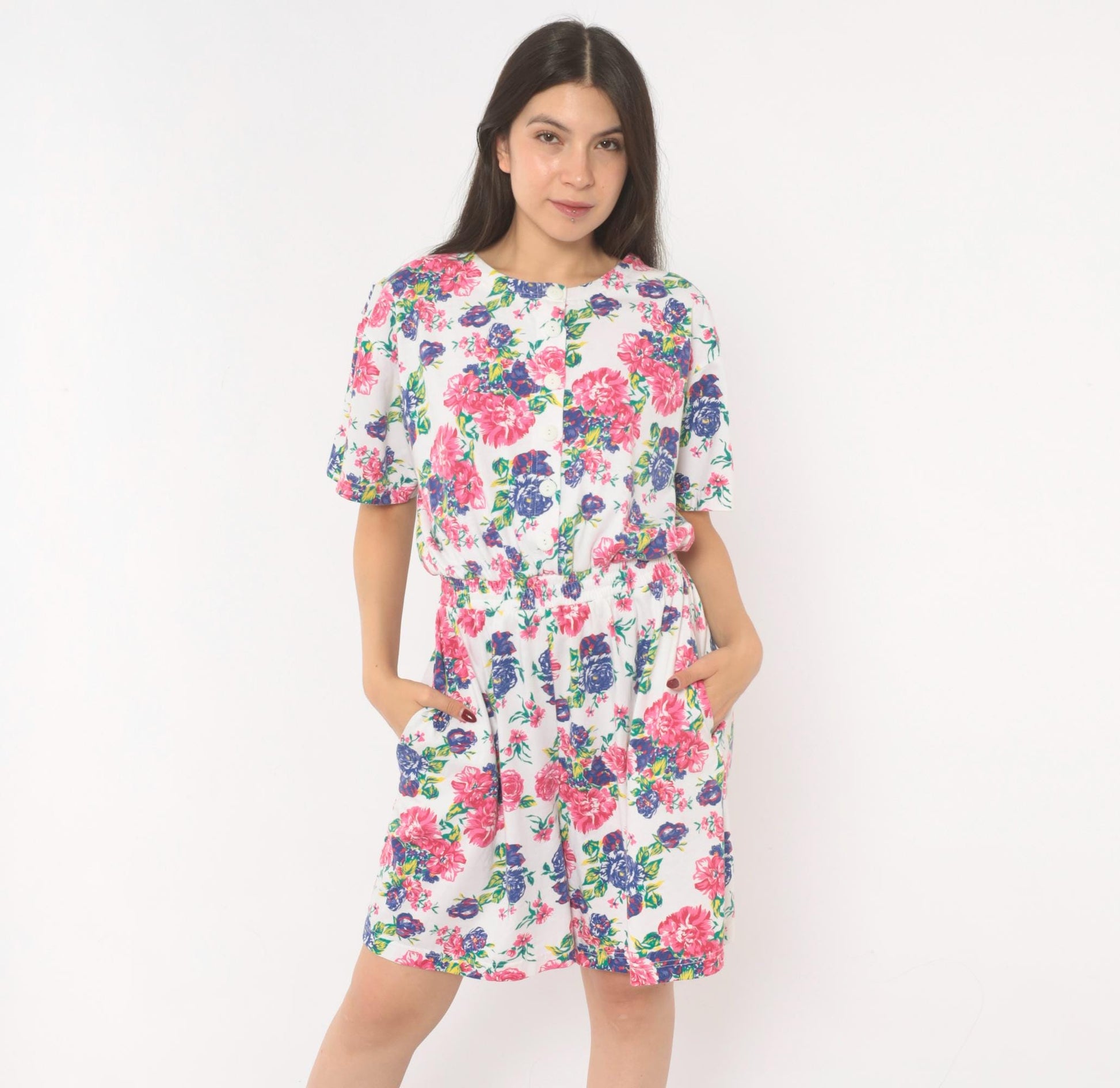 90s Jason Maxwell Floral Romper White Pink Rose Print Cotton Playsuit Medium
