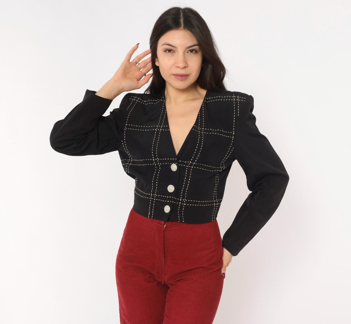 90s Karen Kane Cropped Blazer Black White Grid Stitch V-Neck Extra Small XS