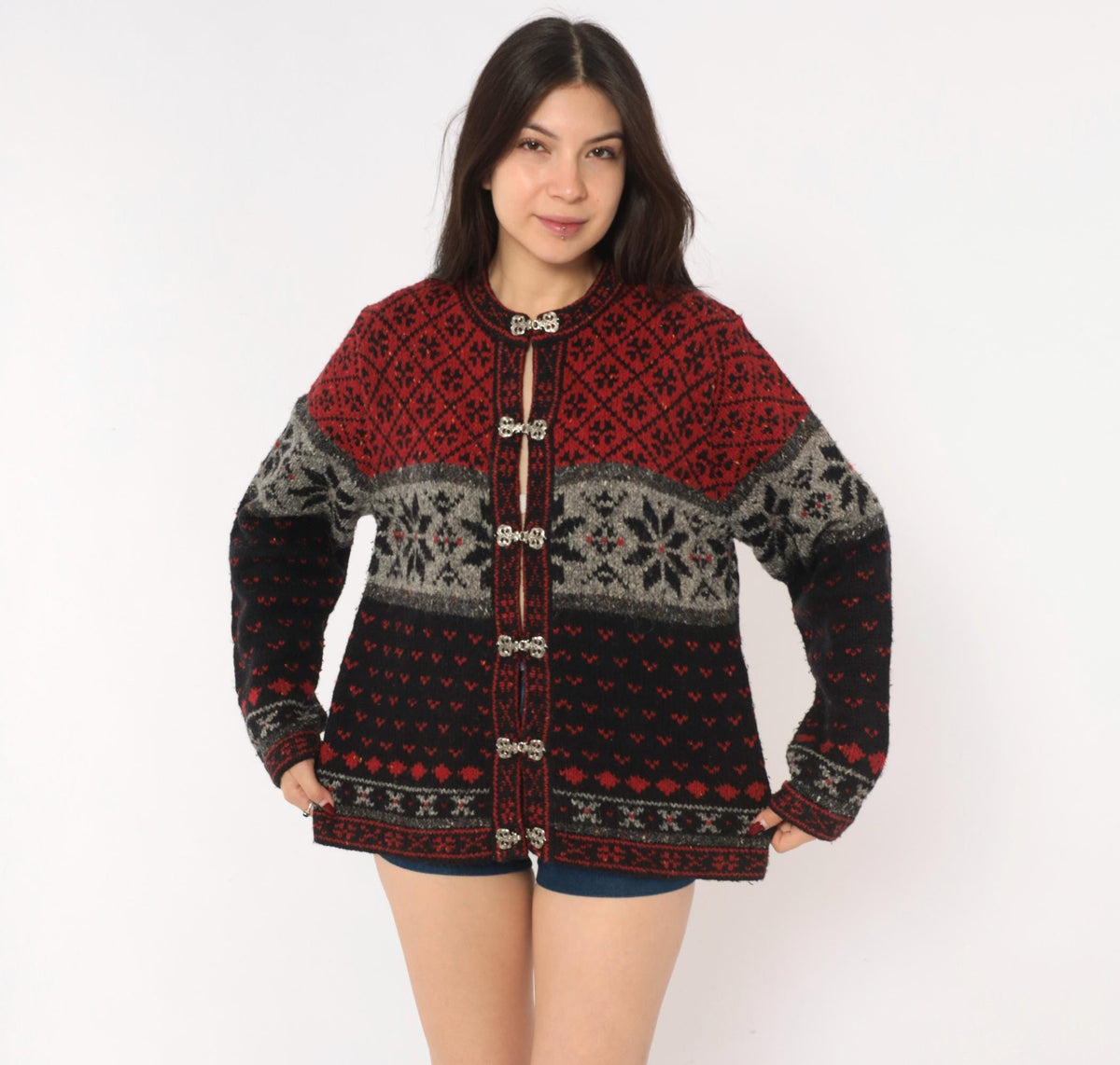 90s Croft & Barrow Nordic Cardigan Wool Blend Fair Isle Snowflake Black Grey Medium M