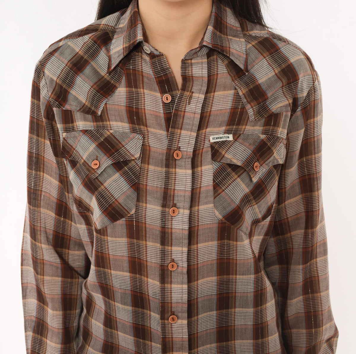 70s Kennington Plaid Button-Up Shirt Brown Tan Western Yoke Small