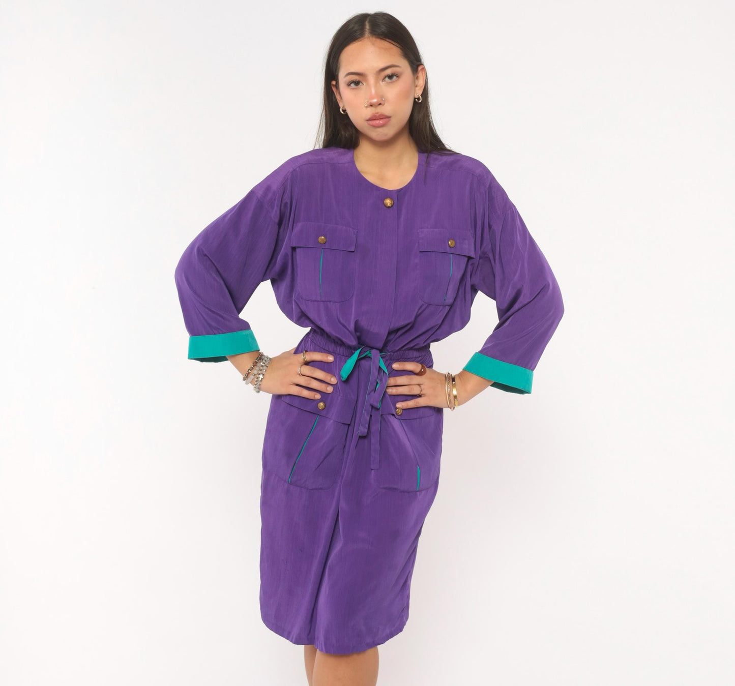 80s Leslie Fay Purple Safari Dress Knee-Length Utility Pockets Teal Trim Medium