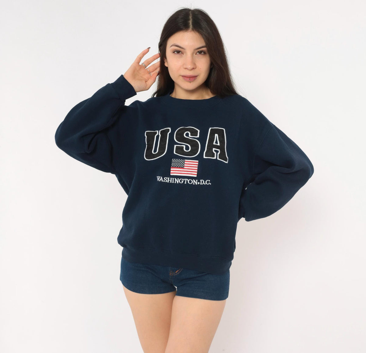 90s USA Washington DC Embroidered Navy Crewneck Sweatshirt American Flag Medium