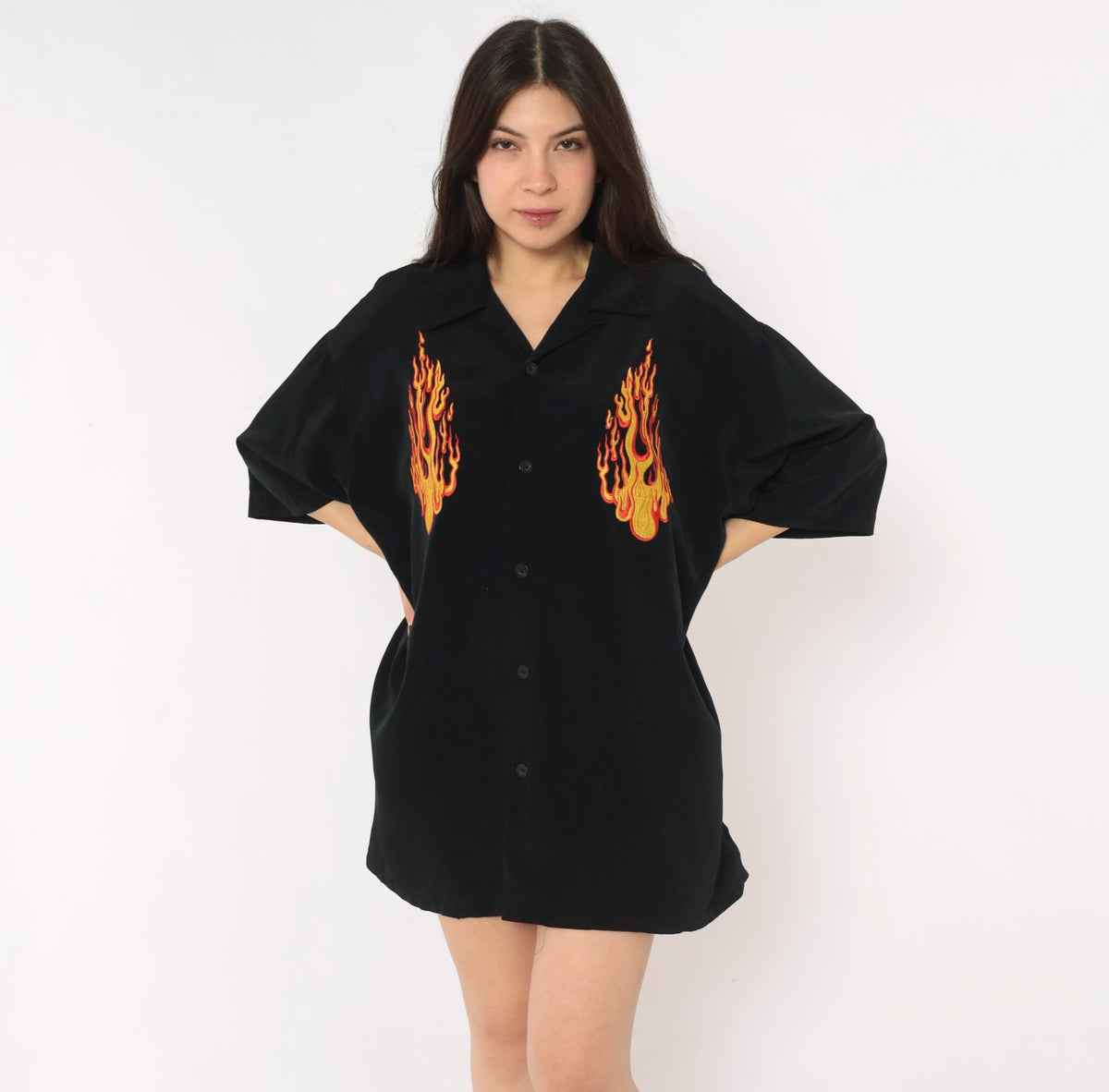 2000s Silver Point Black Bowling Shirt Flame Embroidered Camp Collar Extra Large XL