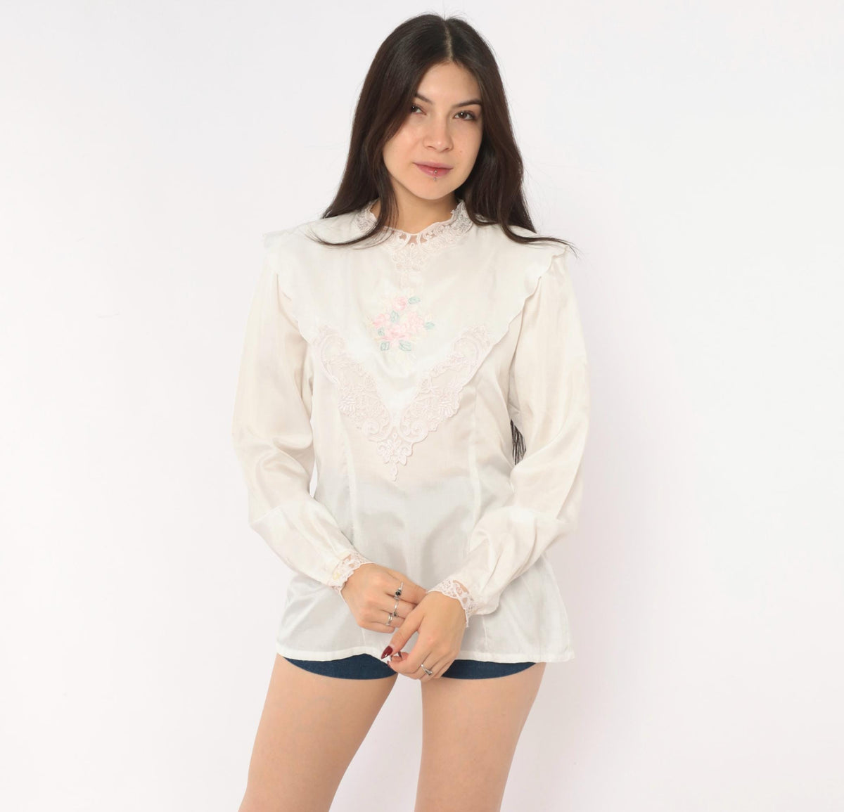 80s Nicola Embroidered Floral Lace Blouse High Neck Puff Sleeve Ivory Medium M