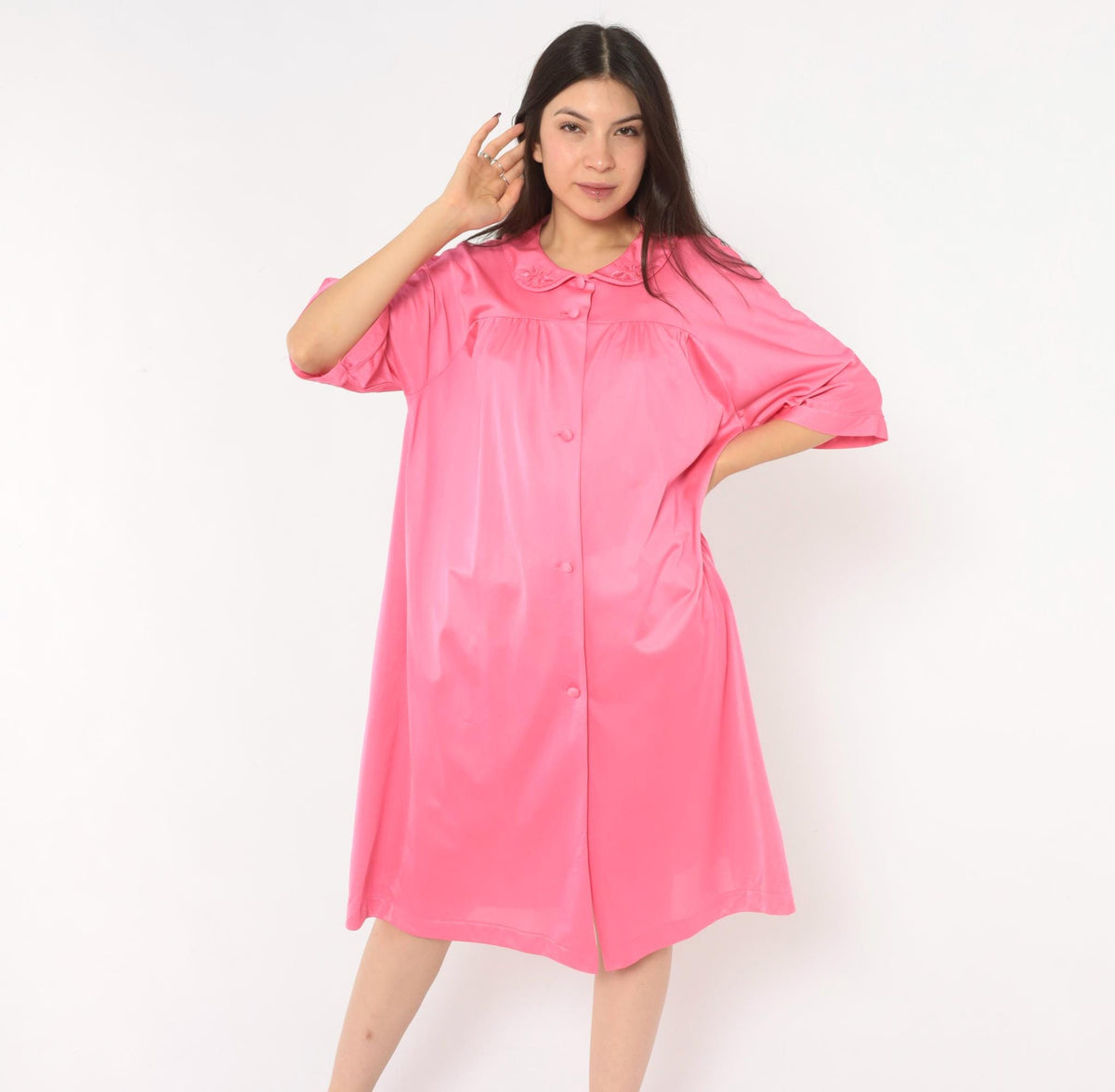 80s Lorraine Pink Satin Robe Peter Pan Collar Embroidered Floral Large