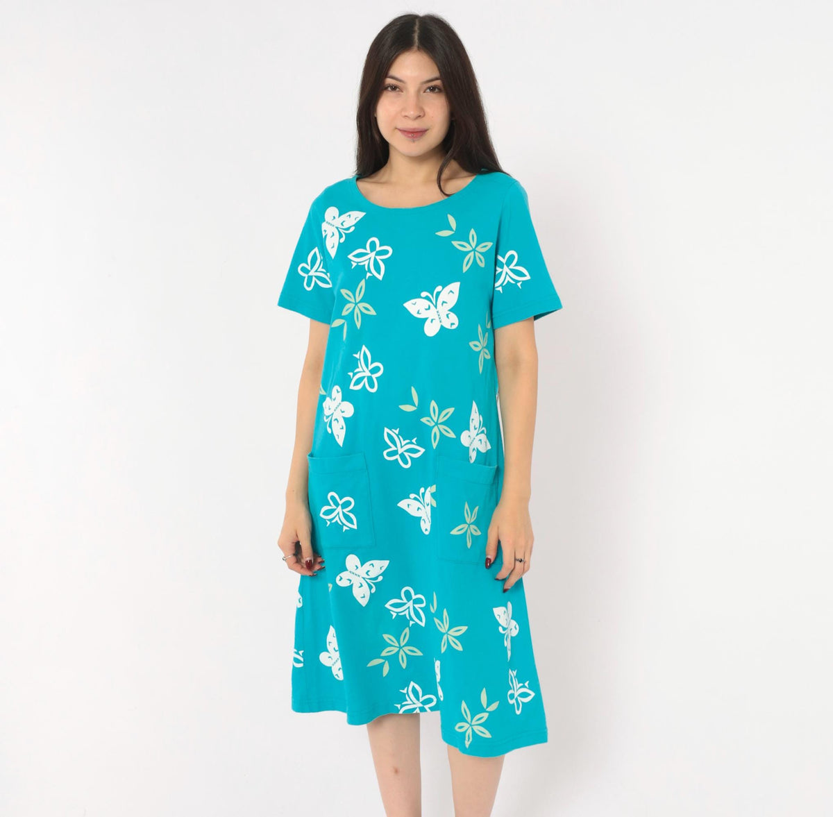 90s M. Mac Butterfly Shift Dress Teal Cotton Knee-Length Pockets Small S