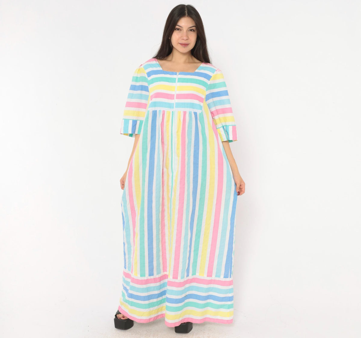 80s Saybury Pastel Striped Maxi Dress Square Neck Empire Waist Extra Large
