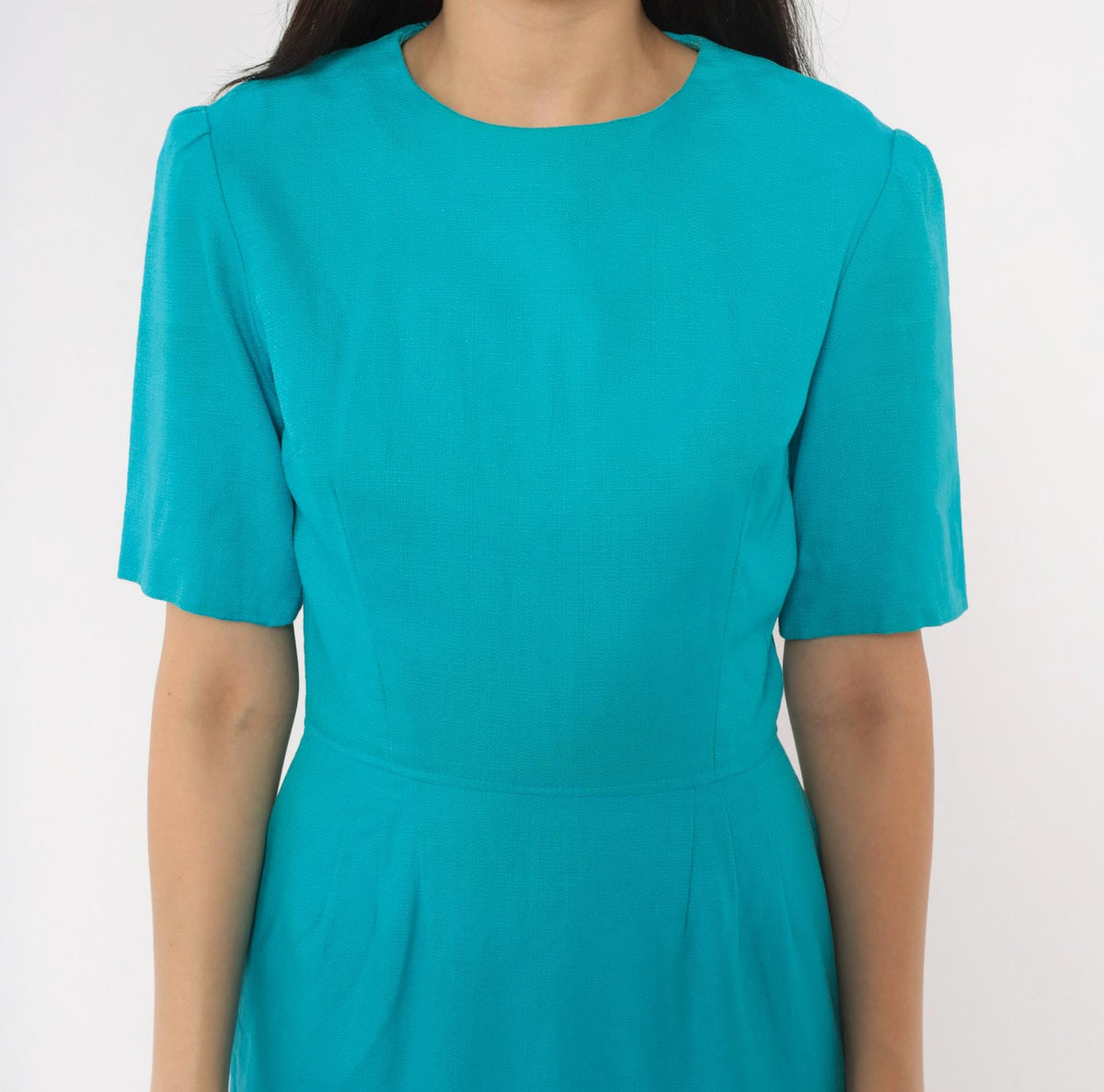 60s Teal Sheath Dress Puff Sleeve Back Zipper Knee Length Extra Small