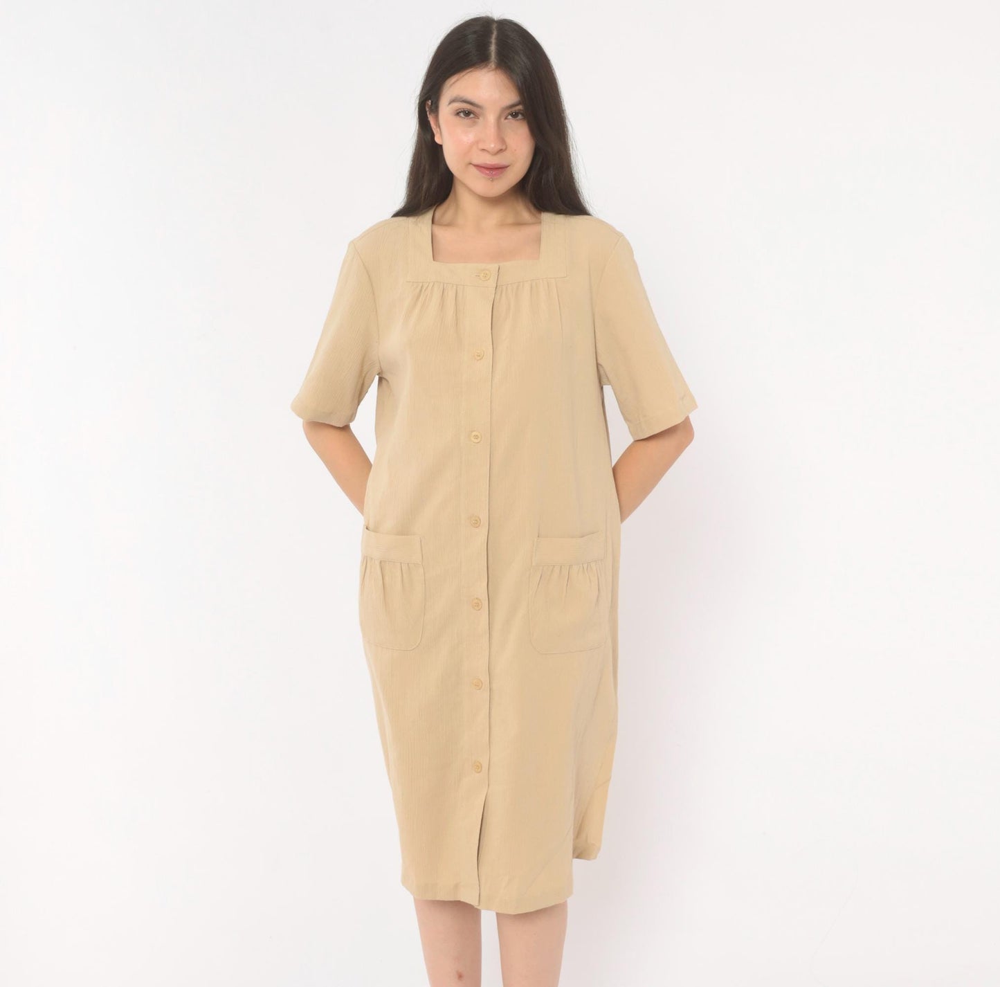 2000s The Tog Shop Petites Button Front Shift Dress Tan Square Neck Medium