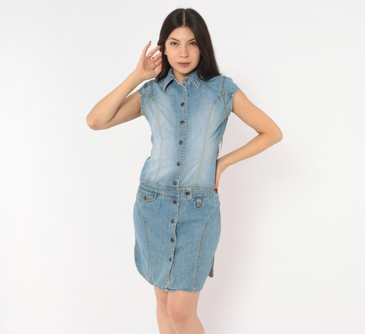 Tommy Jeans Y2K Light Wash Denim Mini Dress Snap Button Small S