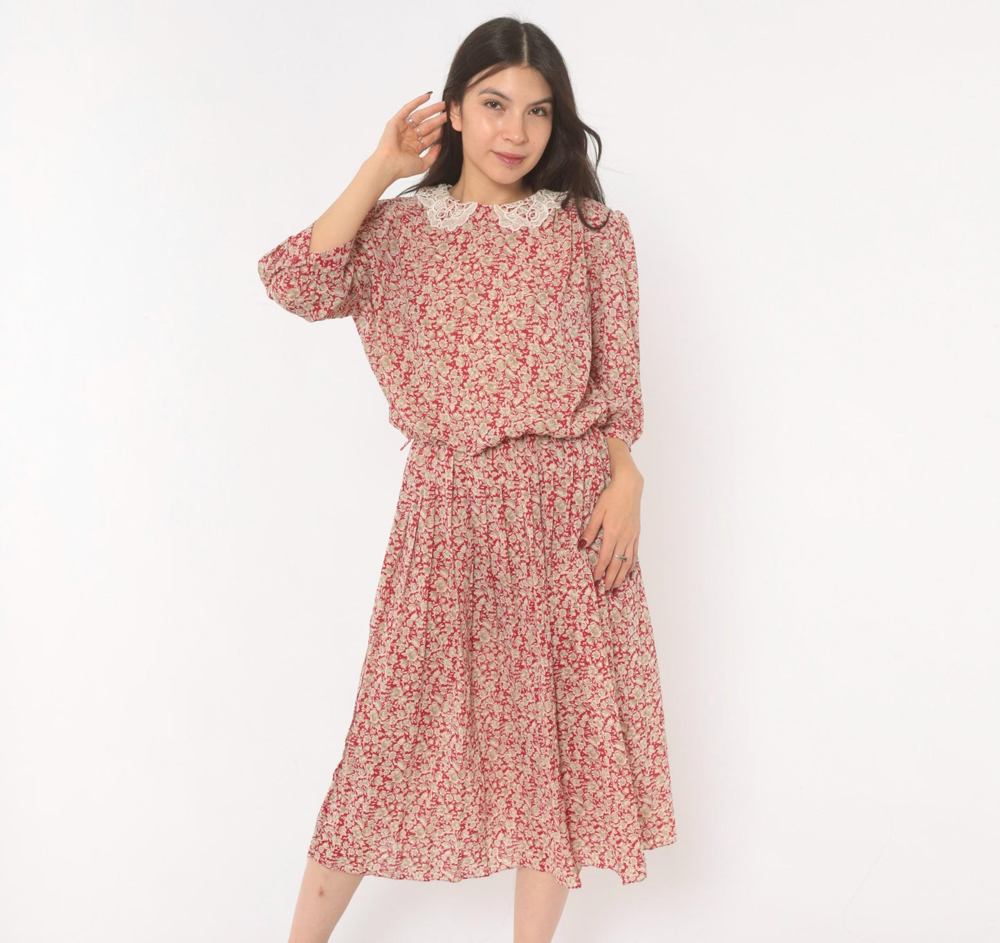 90s Breli Originals Floral Midi Dress Red Cream Lace Collar Puff Sleeve Medium Large