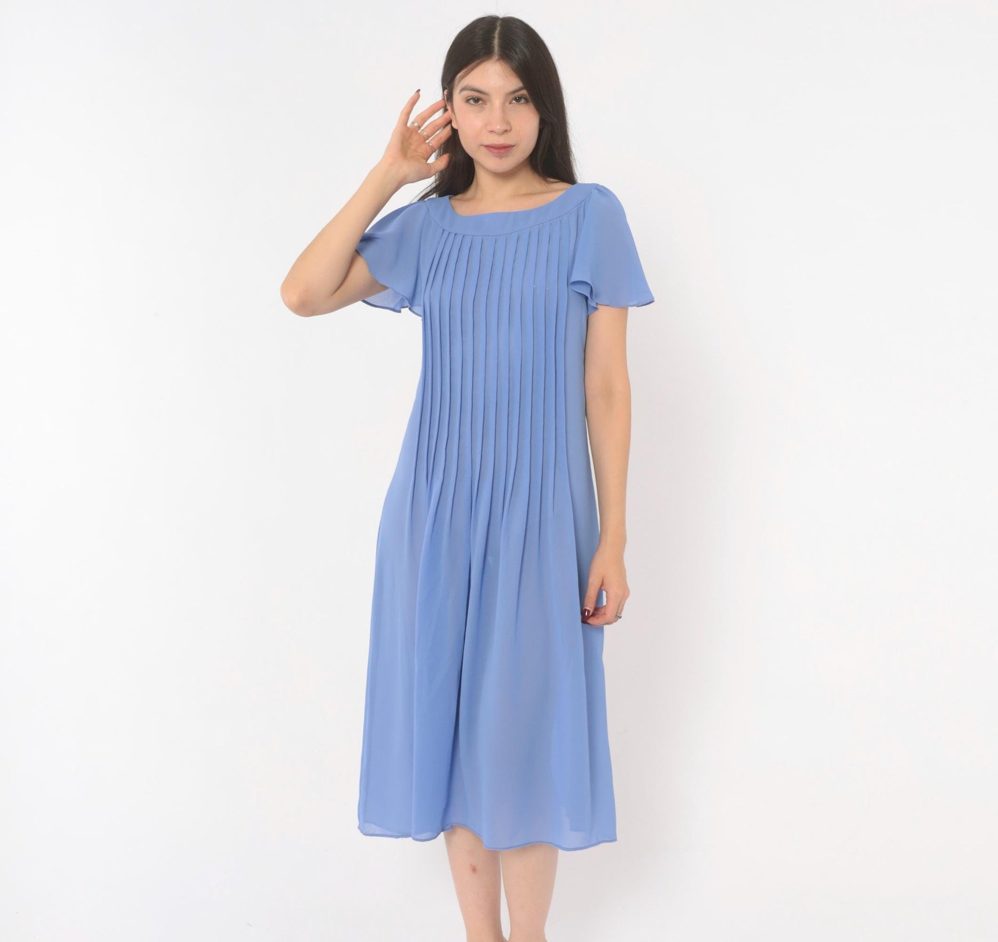 80s David Morris Periwinkle Pintuck Midi Dress Flutter Sleeve Small