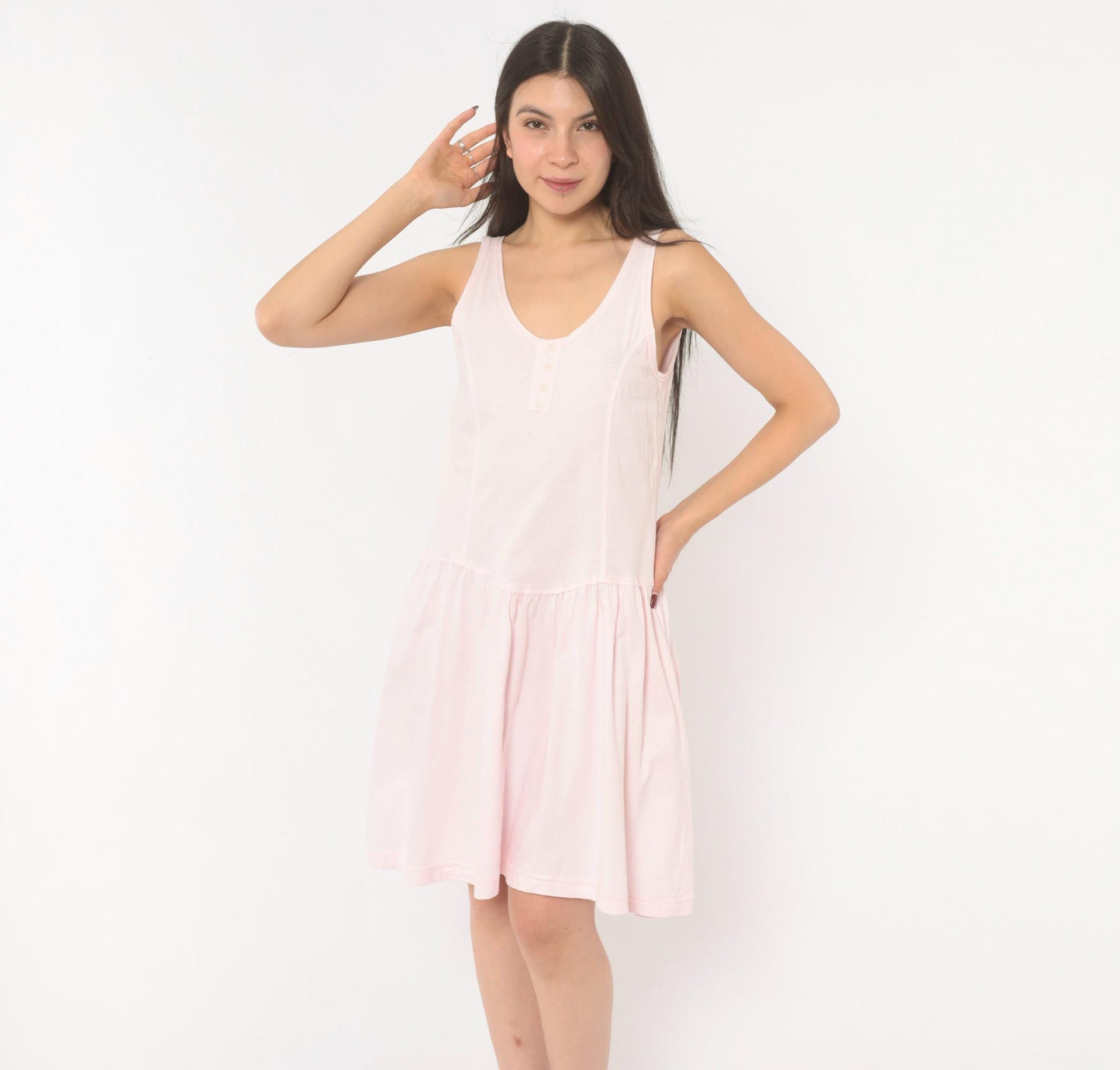 90s Cest Joti Blush Cotton Sundress Drop Waist Henley Neckline Small