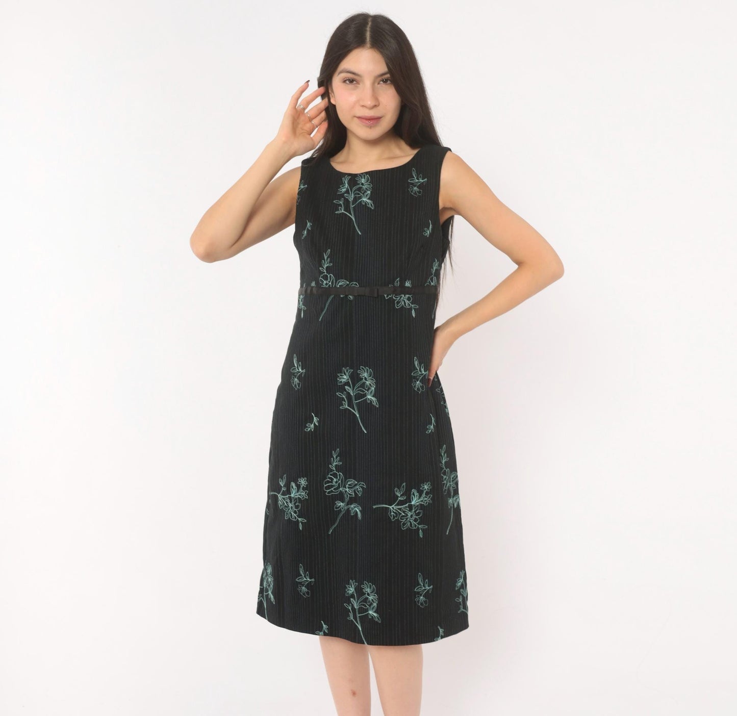 90s Rabbit Black Floral Embroidered A-Line Dress Blue Pinstripe Medium M