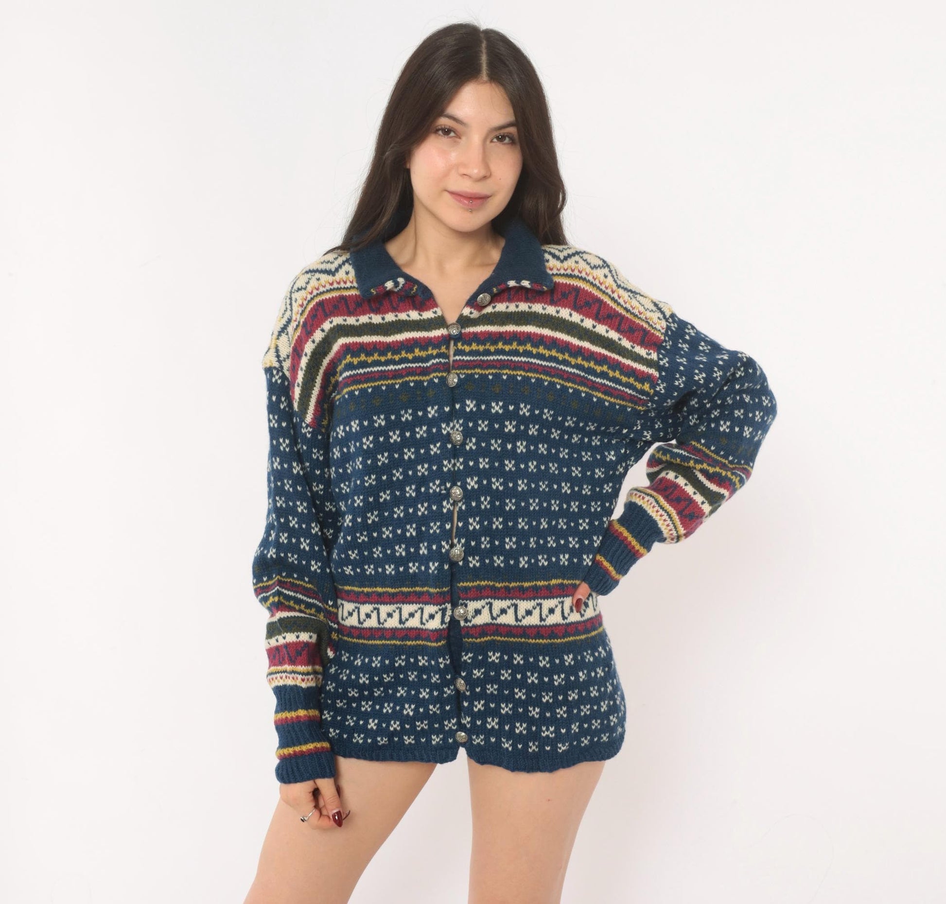 90s Husfliden Norwegian Fair Isle Wool Cardigan Navy Cream Burgundy Medium M