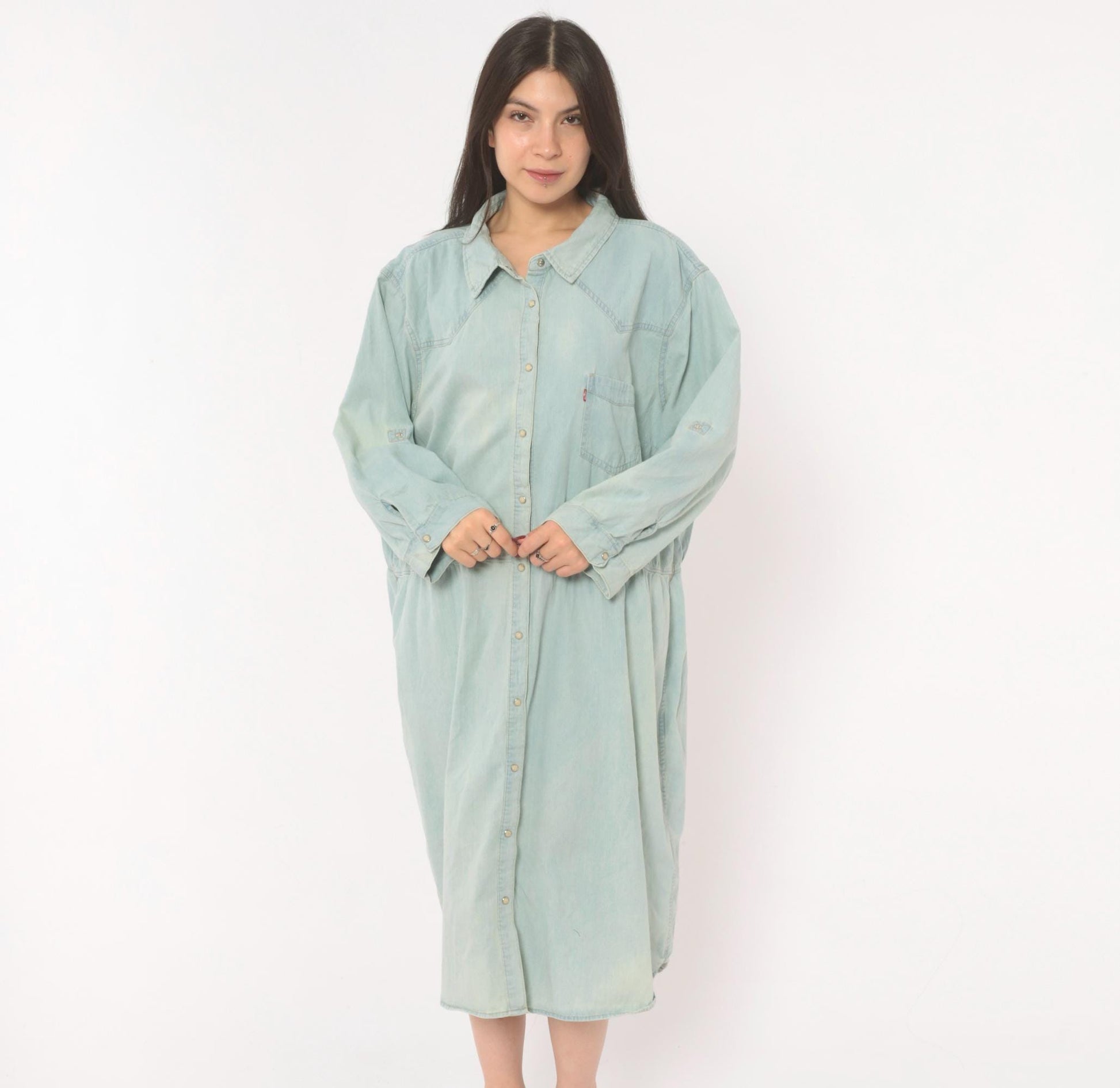 00s Levis Light Wash Denim Shirt Dress Western Yoke Midi Cotton Plus Size 3XL